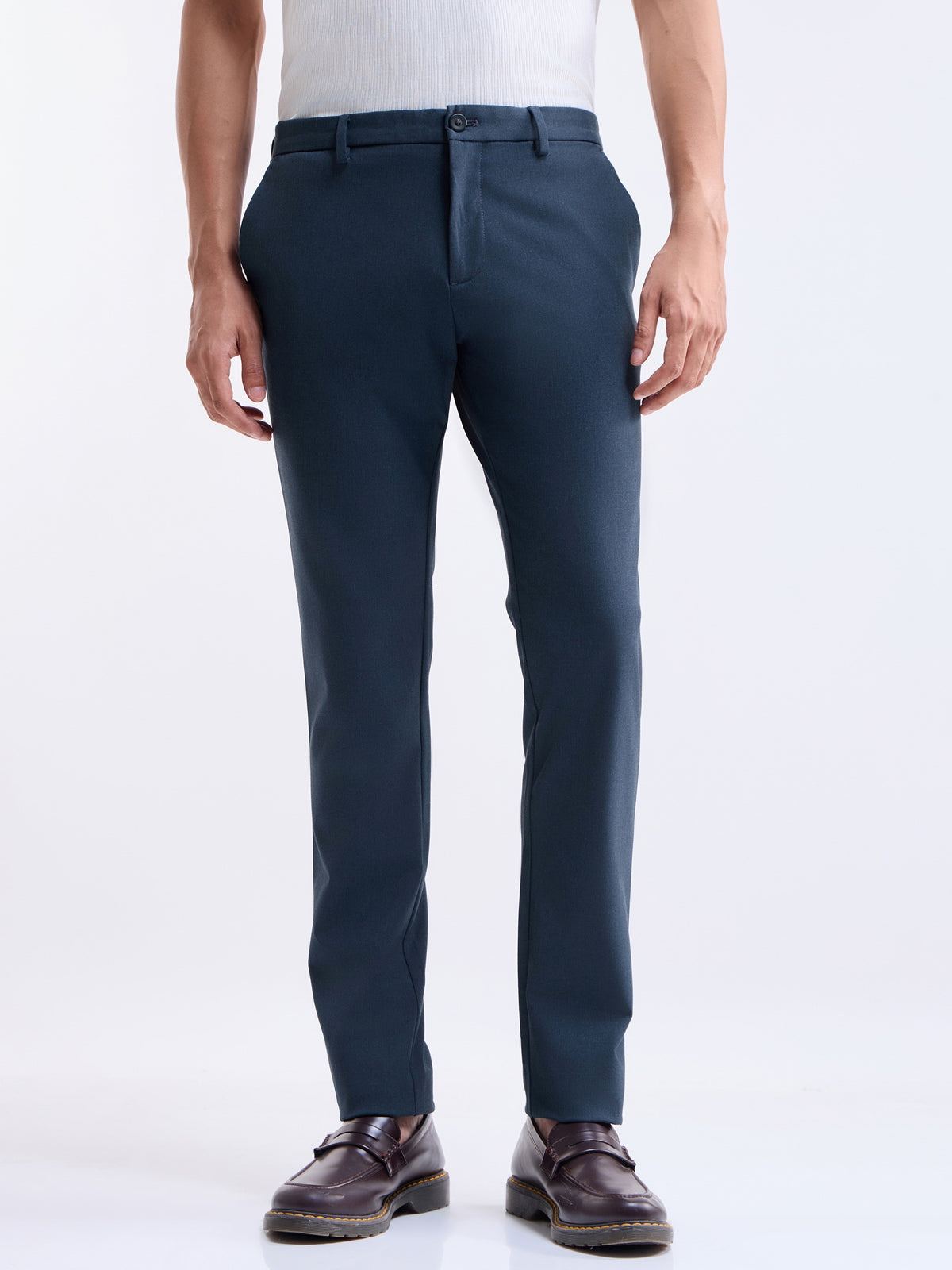 Solid Slim Comfort Fit Trousers - Navy Mel t4option_5