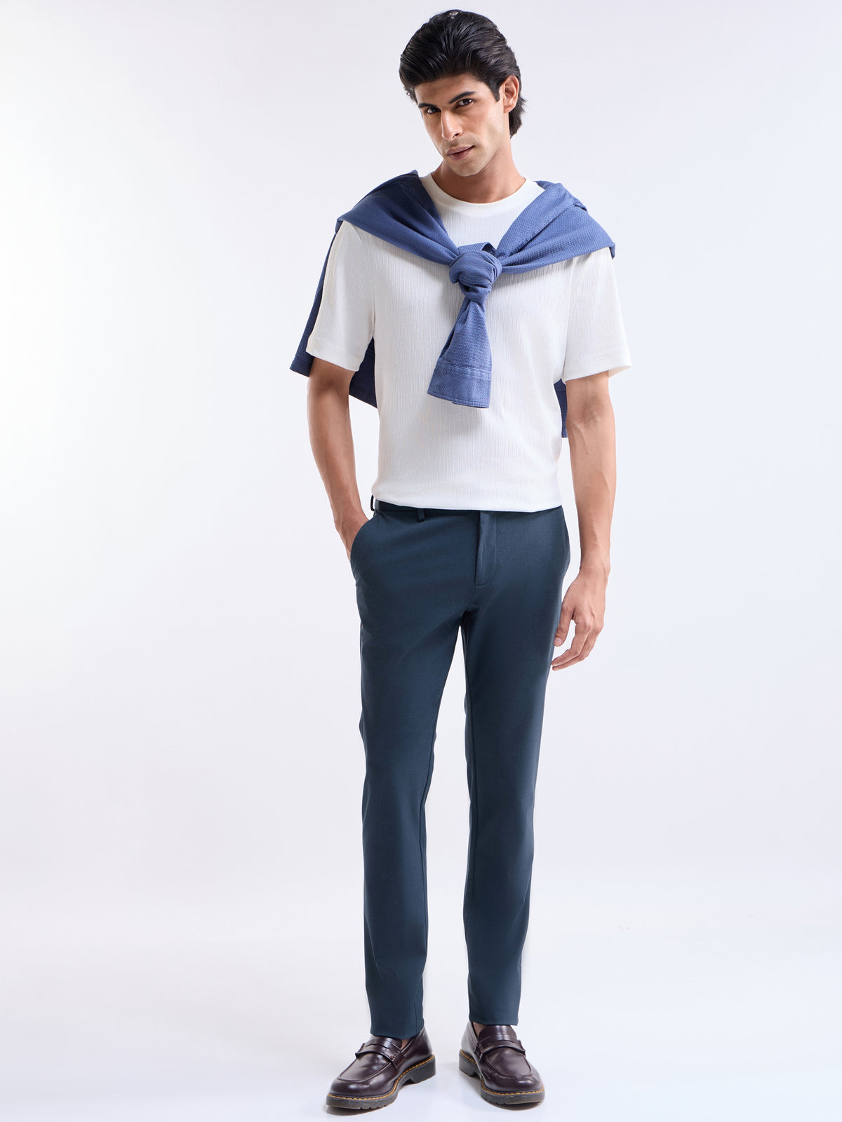 Solid Slim Comfort Fit Trousers - Navy Mel t4option_5