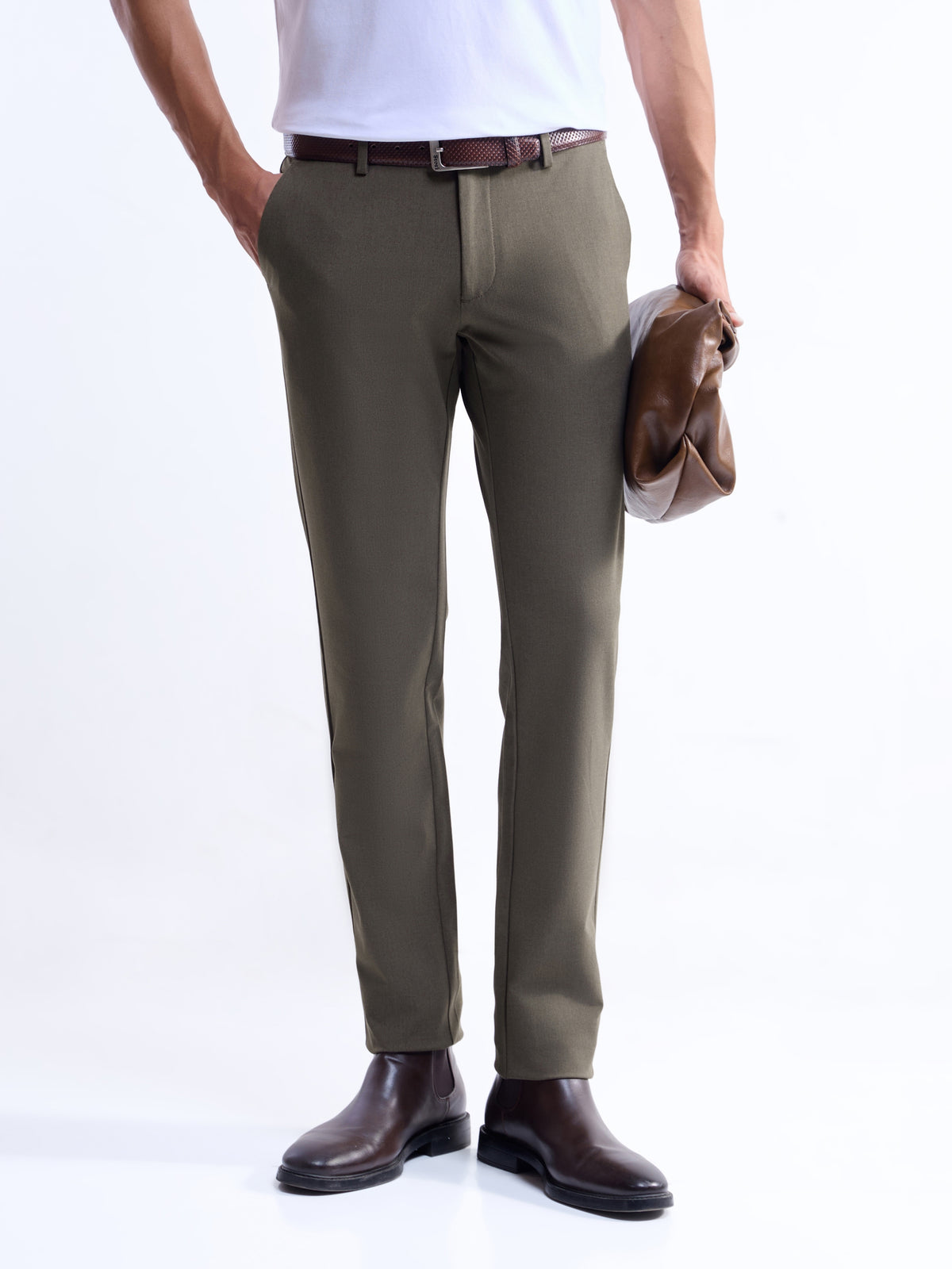 Solid Slim Fit Trousers - Brown Mel t4option_1