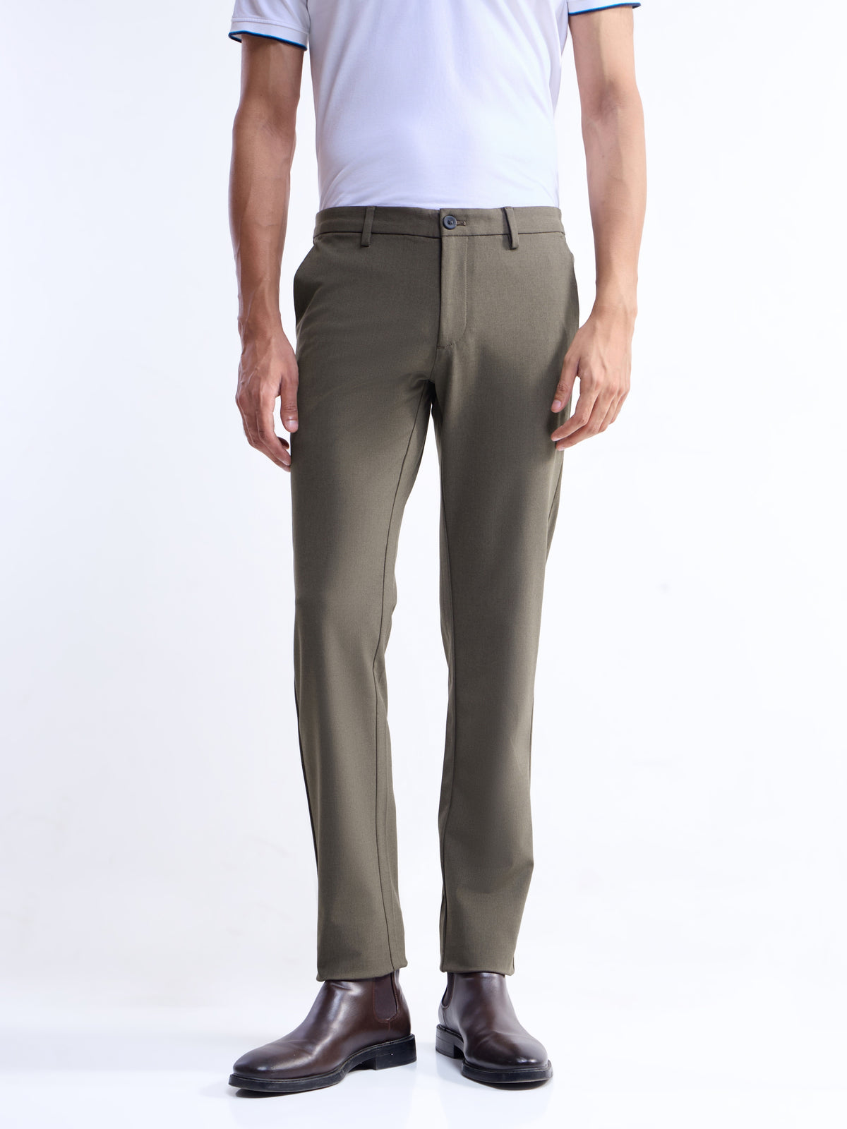 Solid Slim Fit Trousers - Brown Mel t4option_1