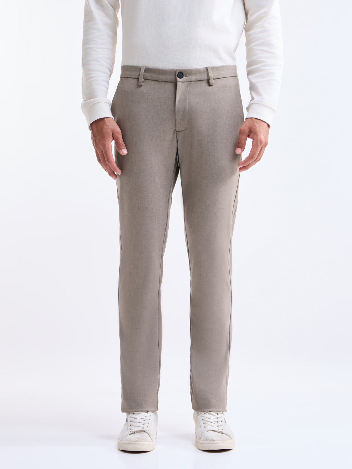 Solid Slim Fit Trousers - Khaki Mel t4option_3