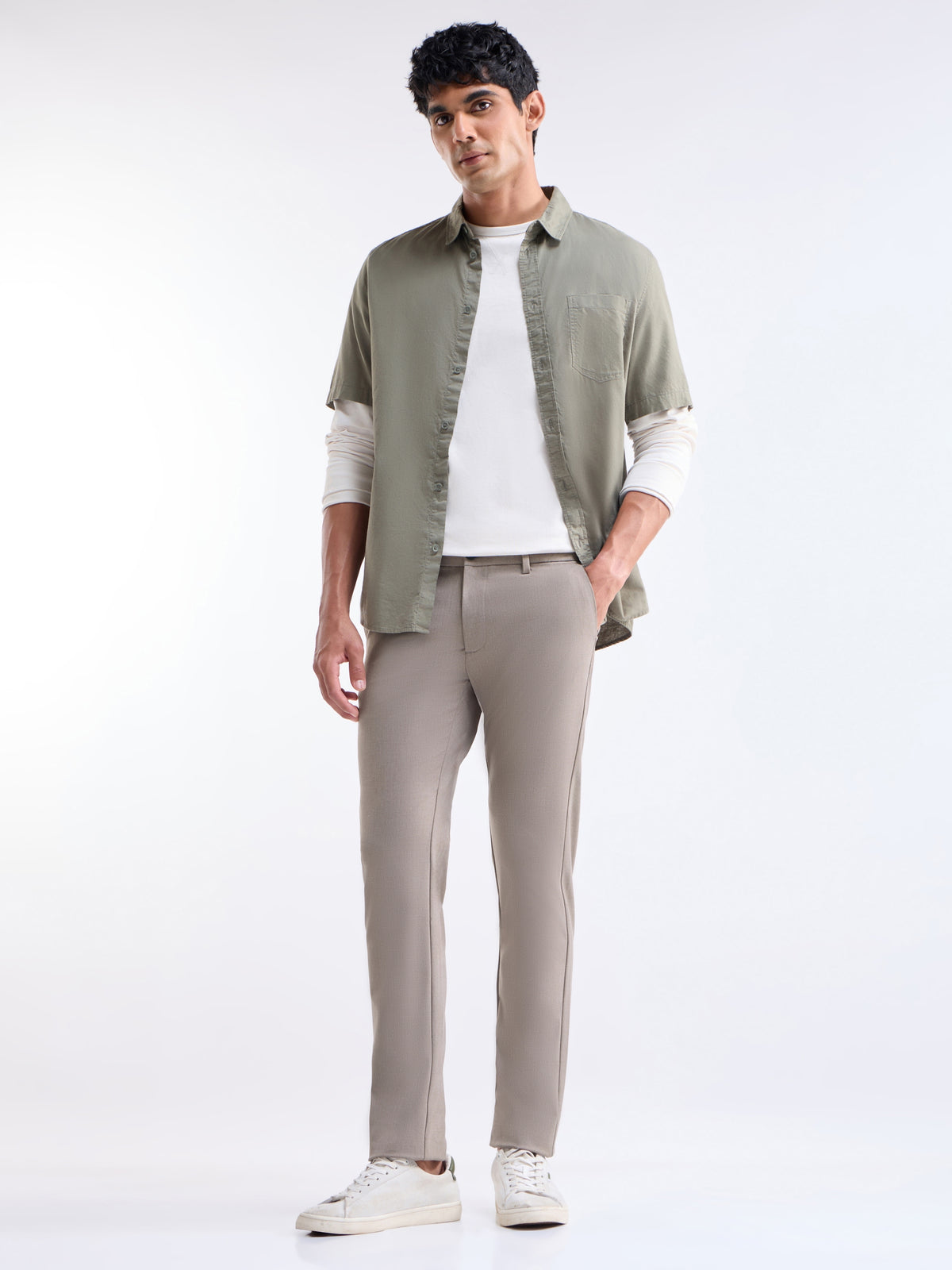 Solid Slim Fit Trousers - Khaki Mel t4option_3