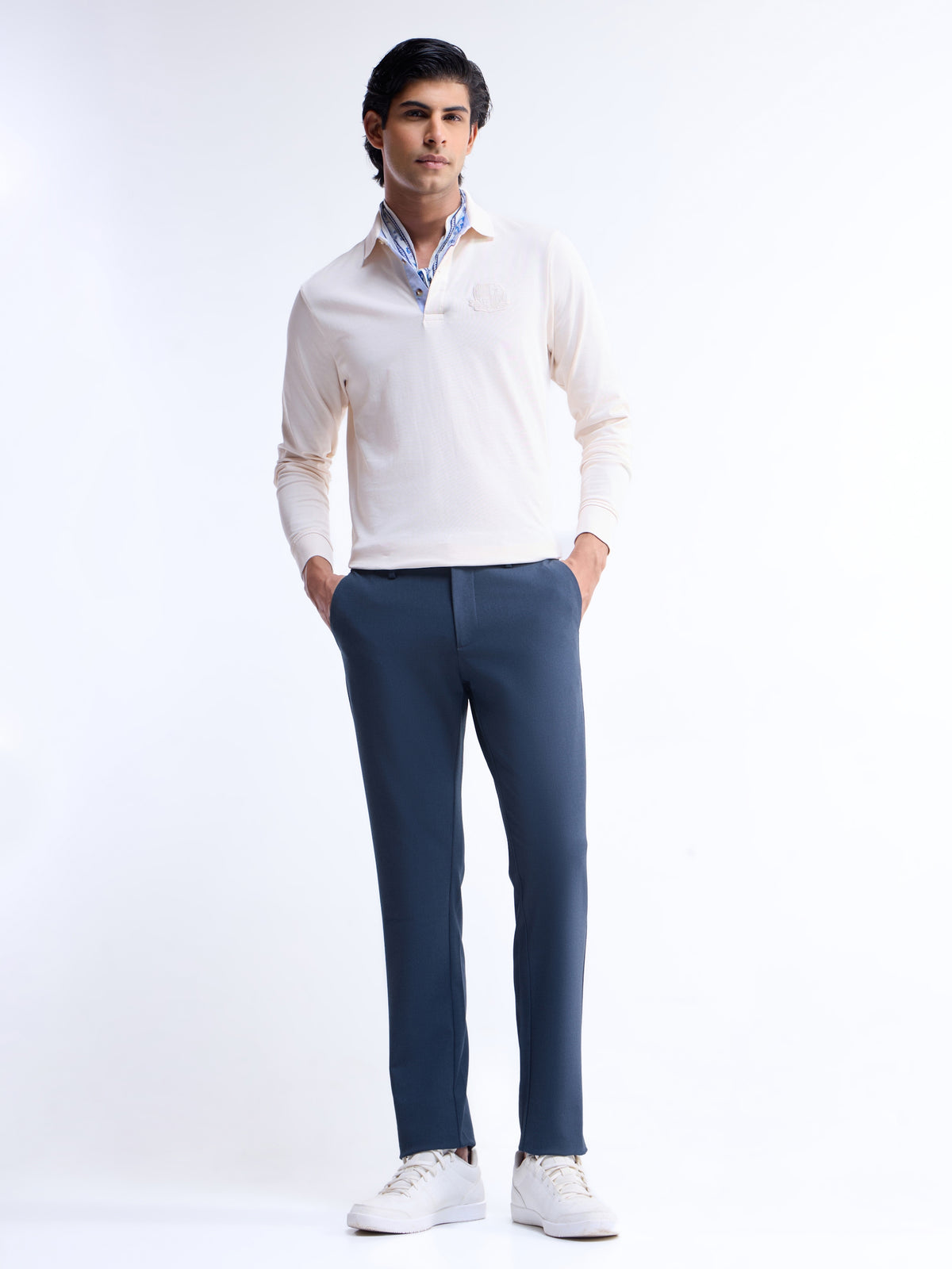 Solid Slim Fit Trousers - Navy Mel t4option_5
