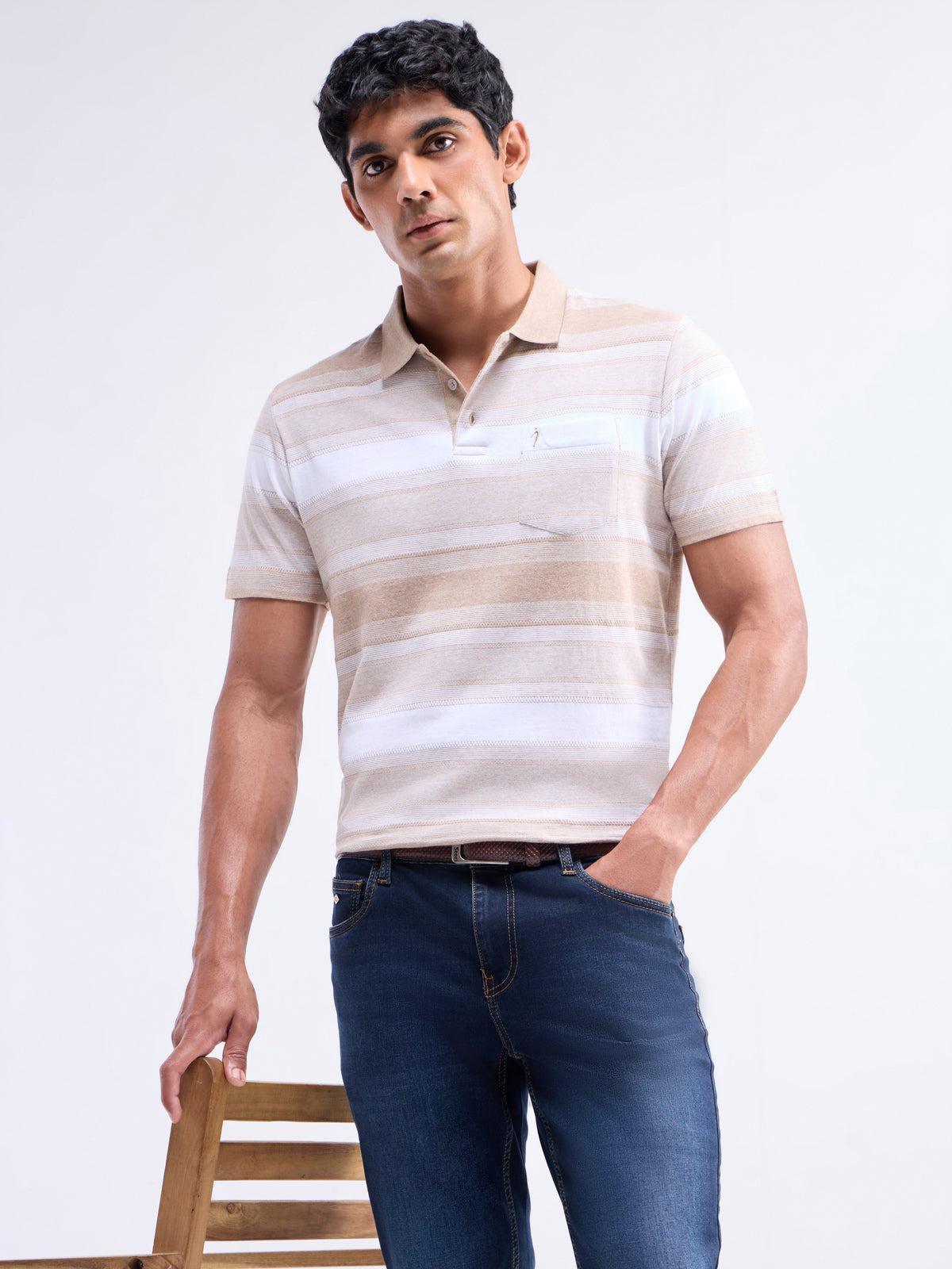 Striped Polo Regular Fit T-shirt - Khaki Mel t4option_0