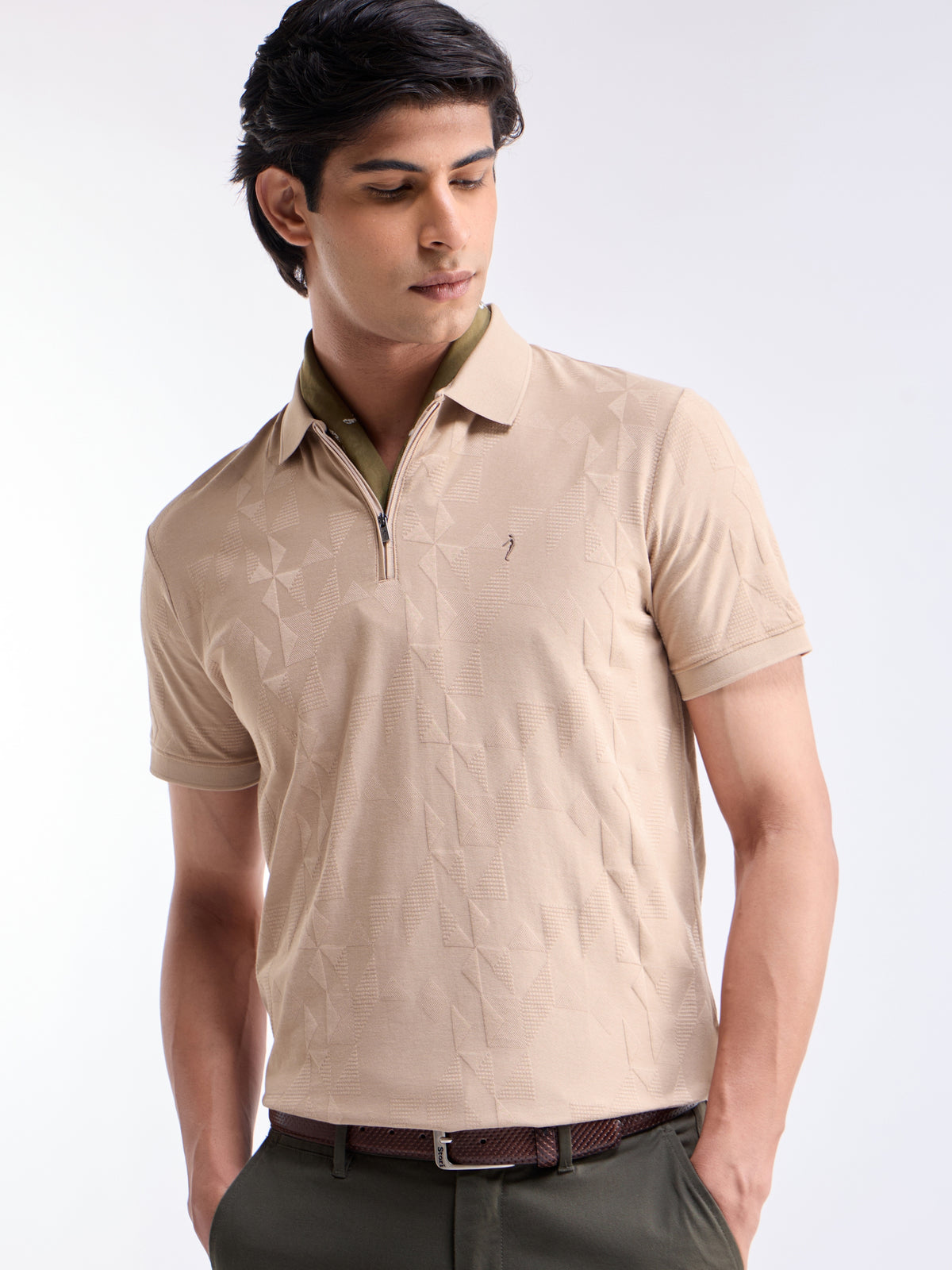 Jacquard Polo Regular Fit T-shirt - Beige t4option_0