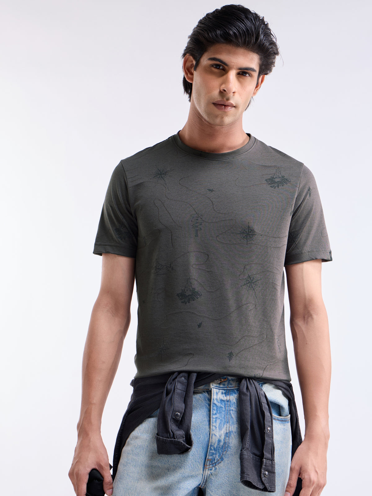 Printed Crew Neck Regular Fit T-shirt - Grey t4option_0