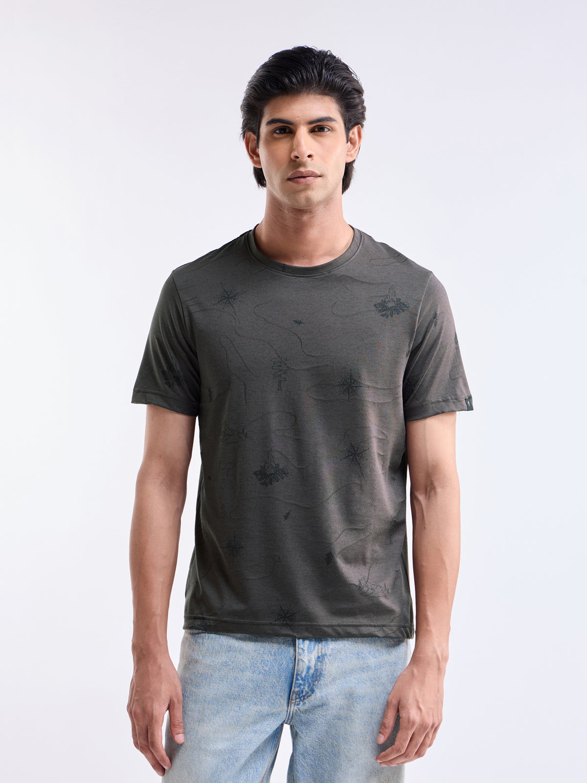 Printed Crew Neck Regular Fit T-shirt - Grey t4option_0