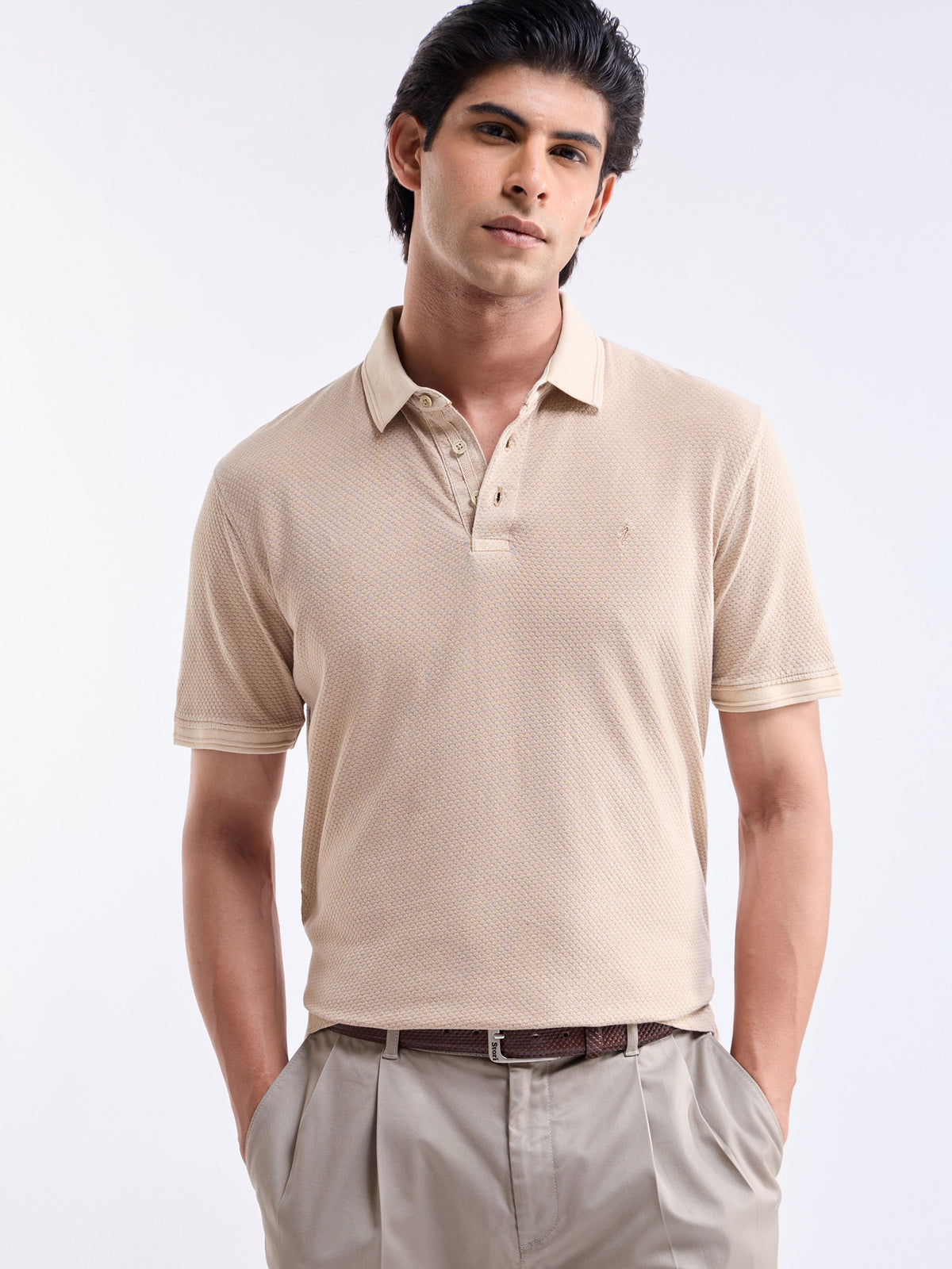 Solid Polo Regular Fit T-shirt - Beige t4option_0