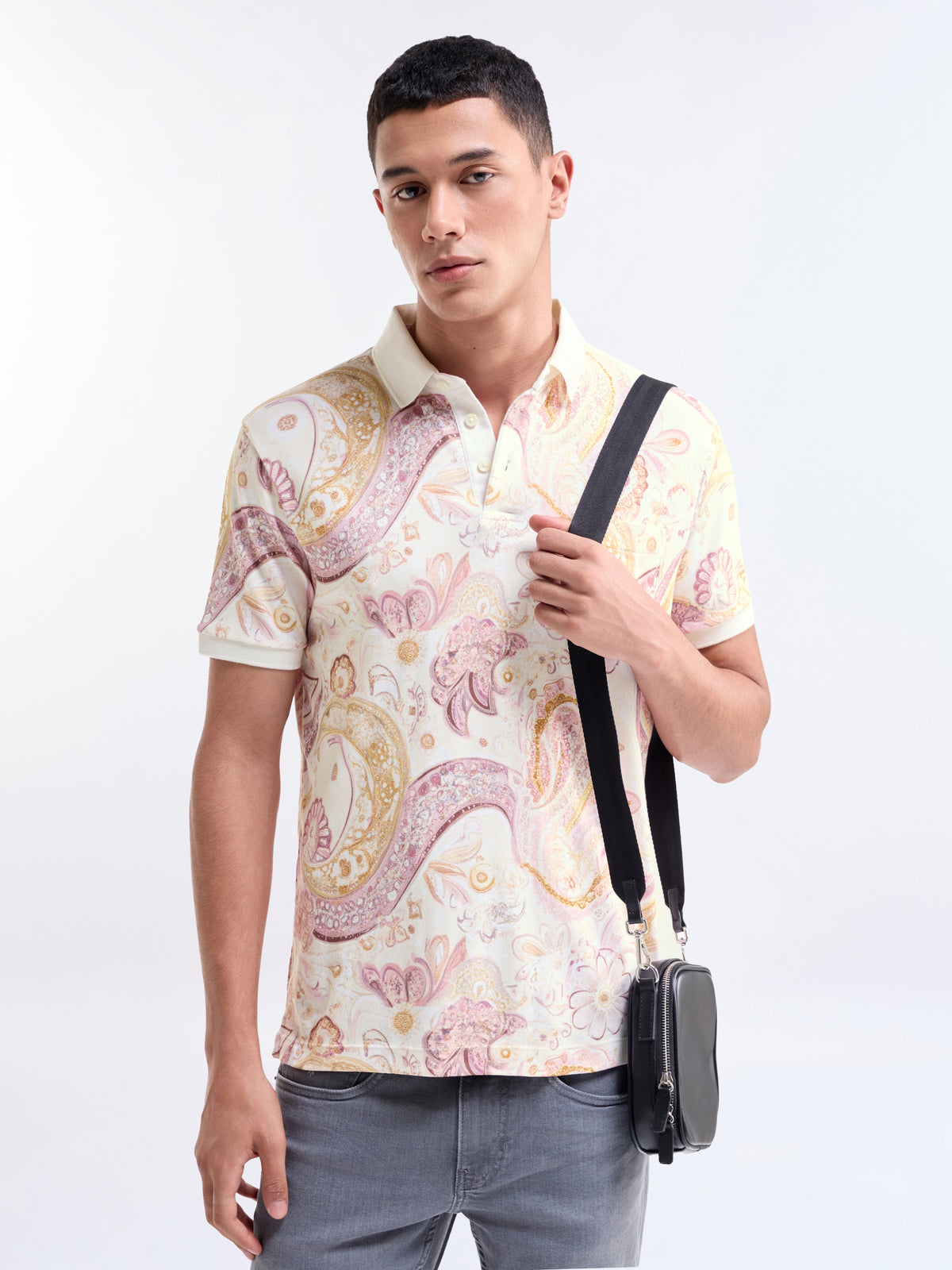 Printed Polo Regular Fit T-shirt - Lt Cream t4option_0