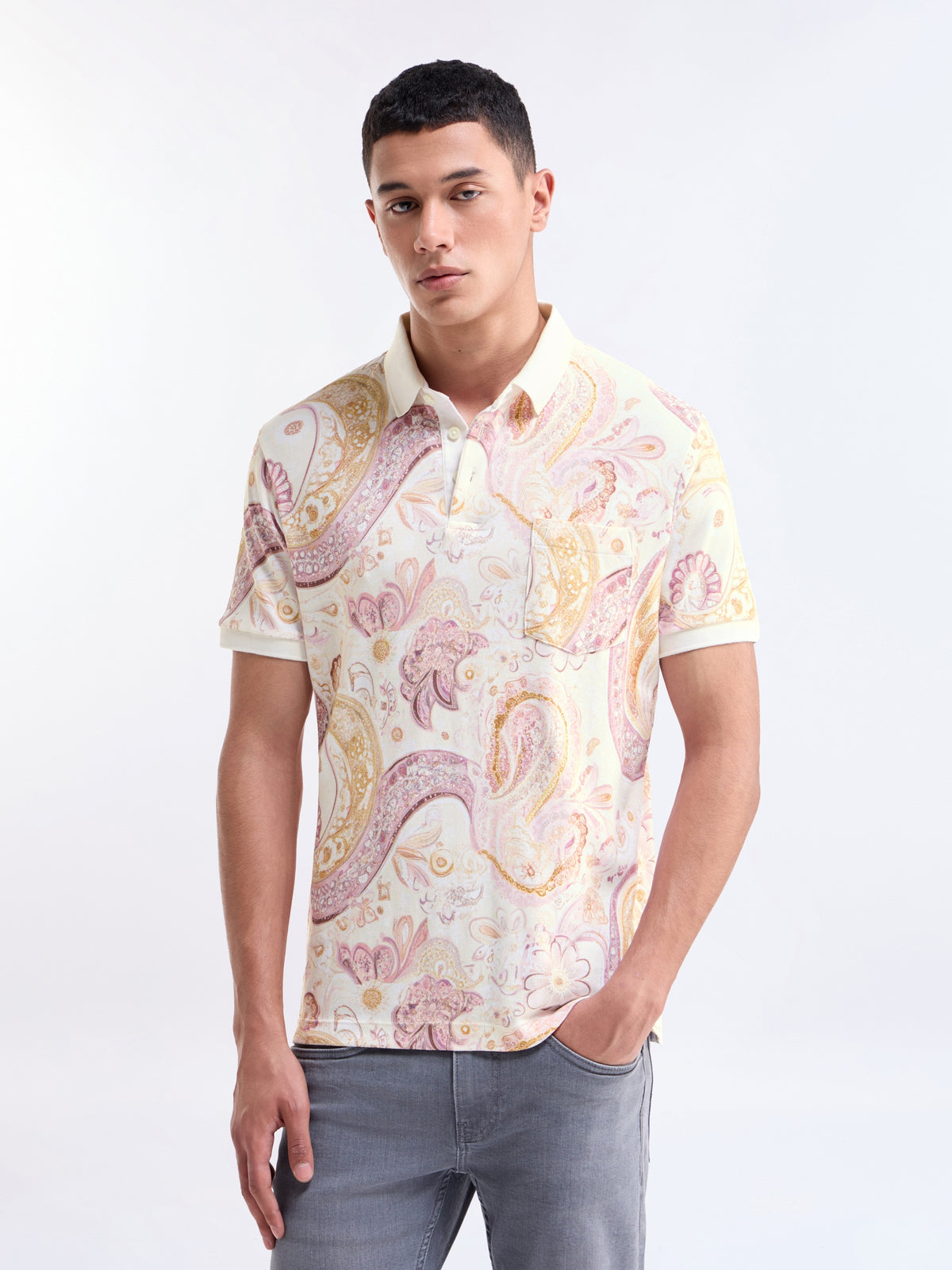 Printed Polo Regular Fit T-shirt - Lt Cream t4option_0