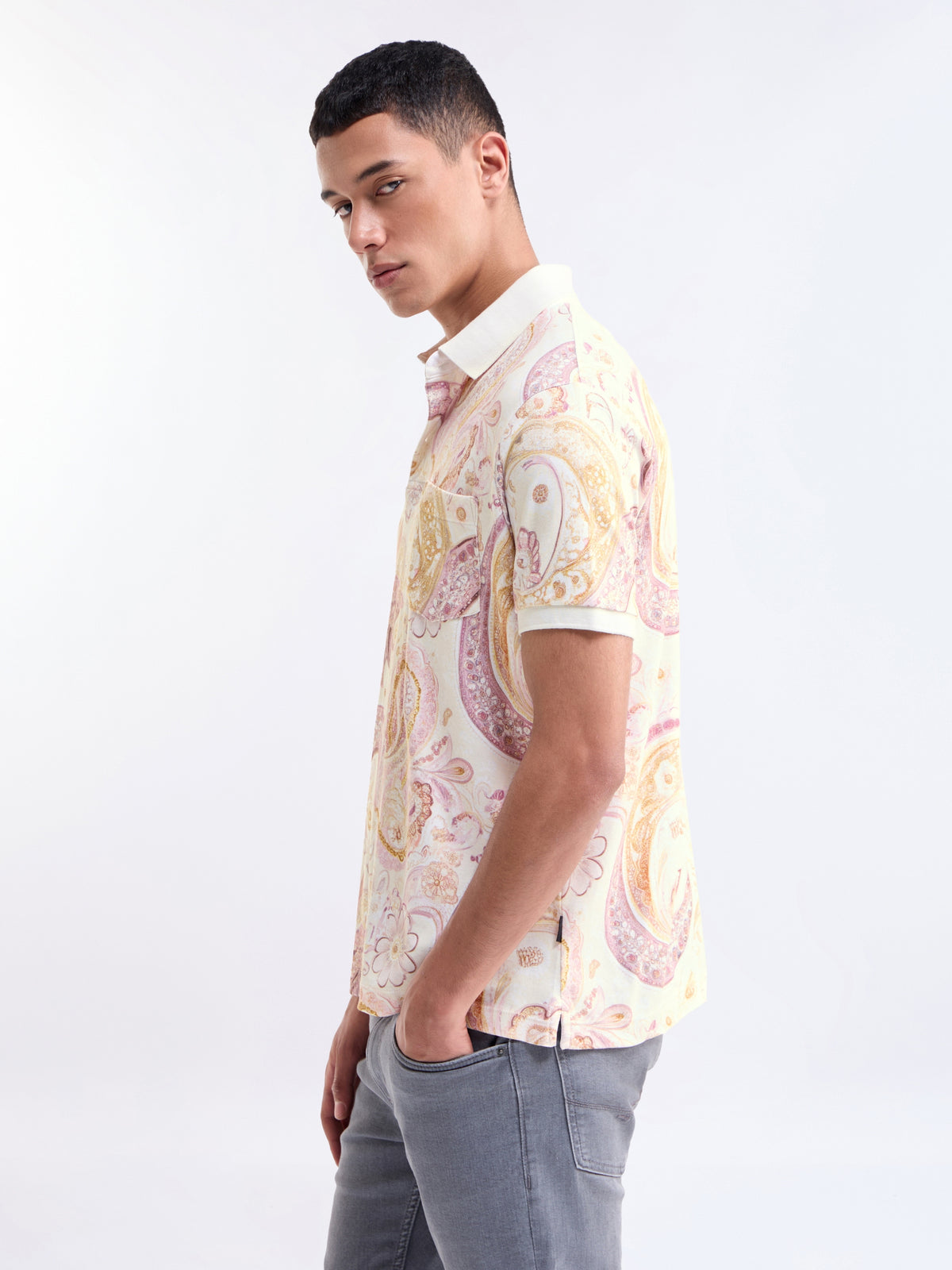Printed Polo Regular Fit T-shirt - Lt Cream t4option_0