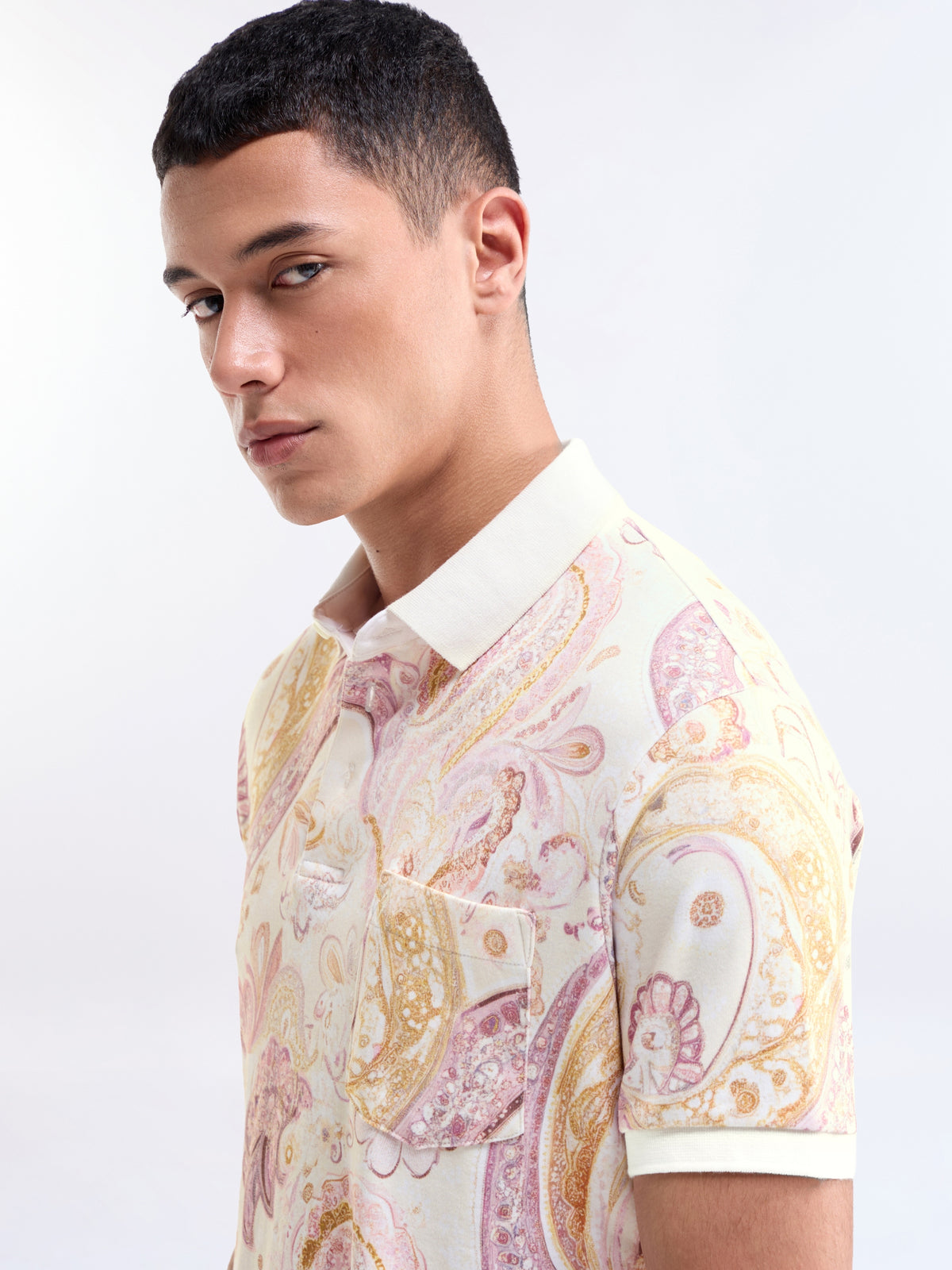 Printed Polo Regular Fit T-shirt - Lt Cream t4option_0
