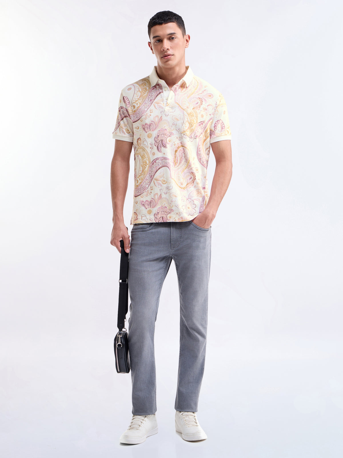 Printed Polo Regular Fit T-shirt - Lt Cream t4option_0