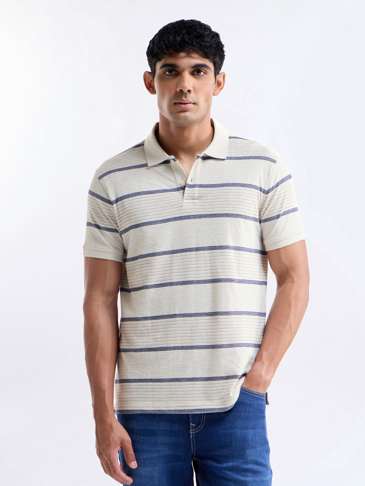 Striped Polo Regular Fit T-shirt - Ecru Mel t4option_0