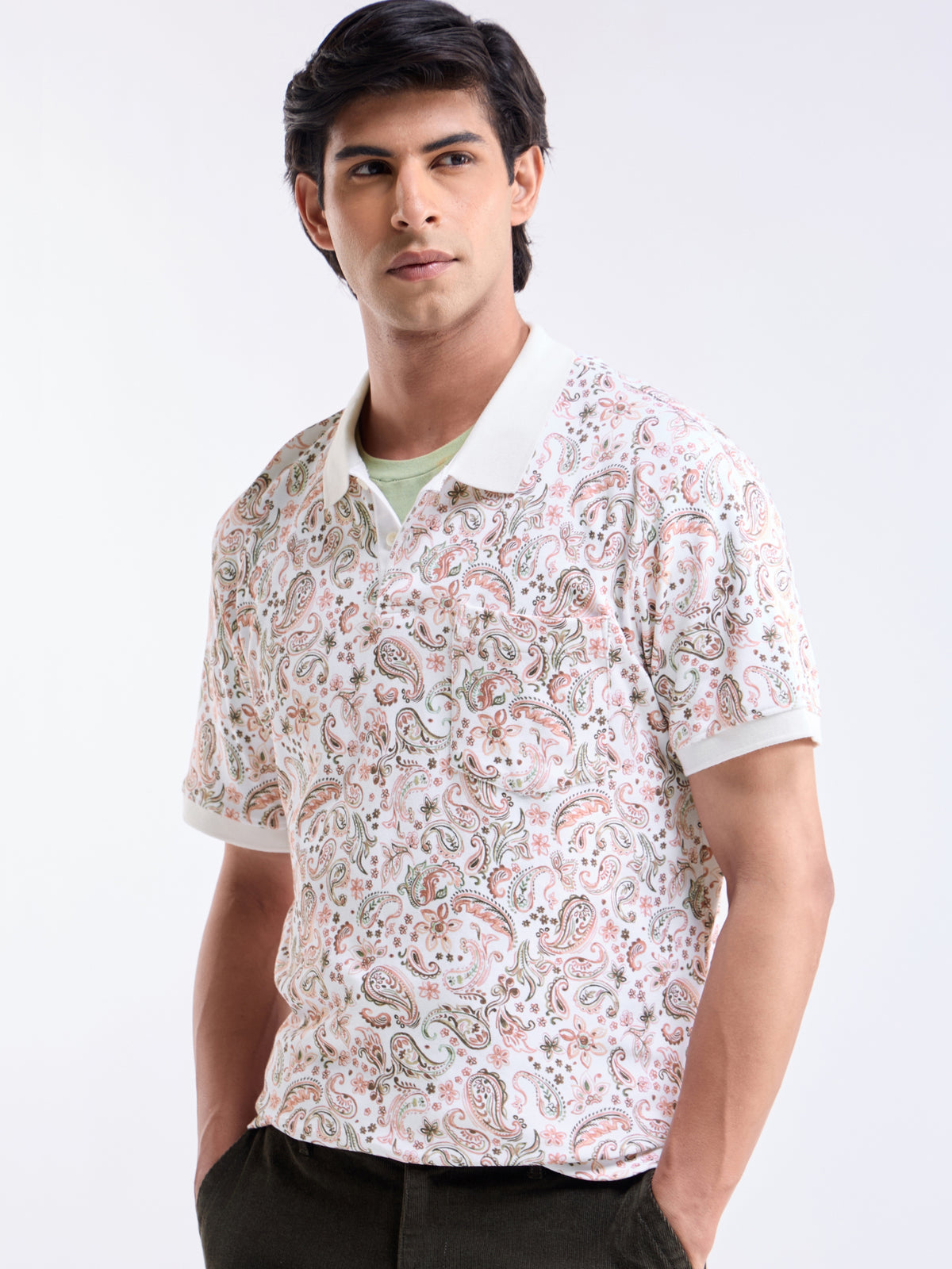 Printed Polo Regular Fit T-shirt - Off White t4option_0