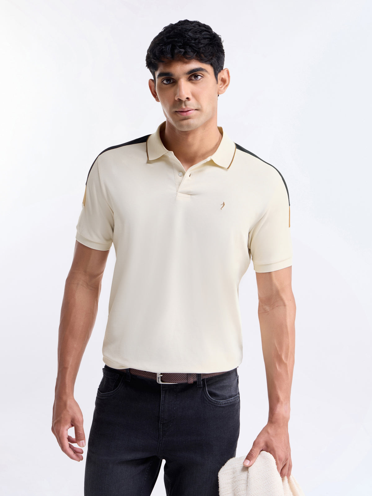 Colour Block Polo Regular Fit T-shirt - Lt Cream t4option_0