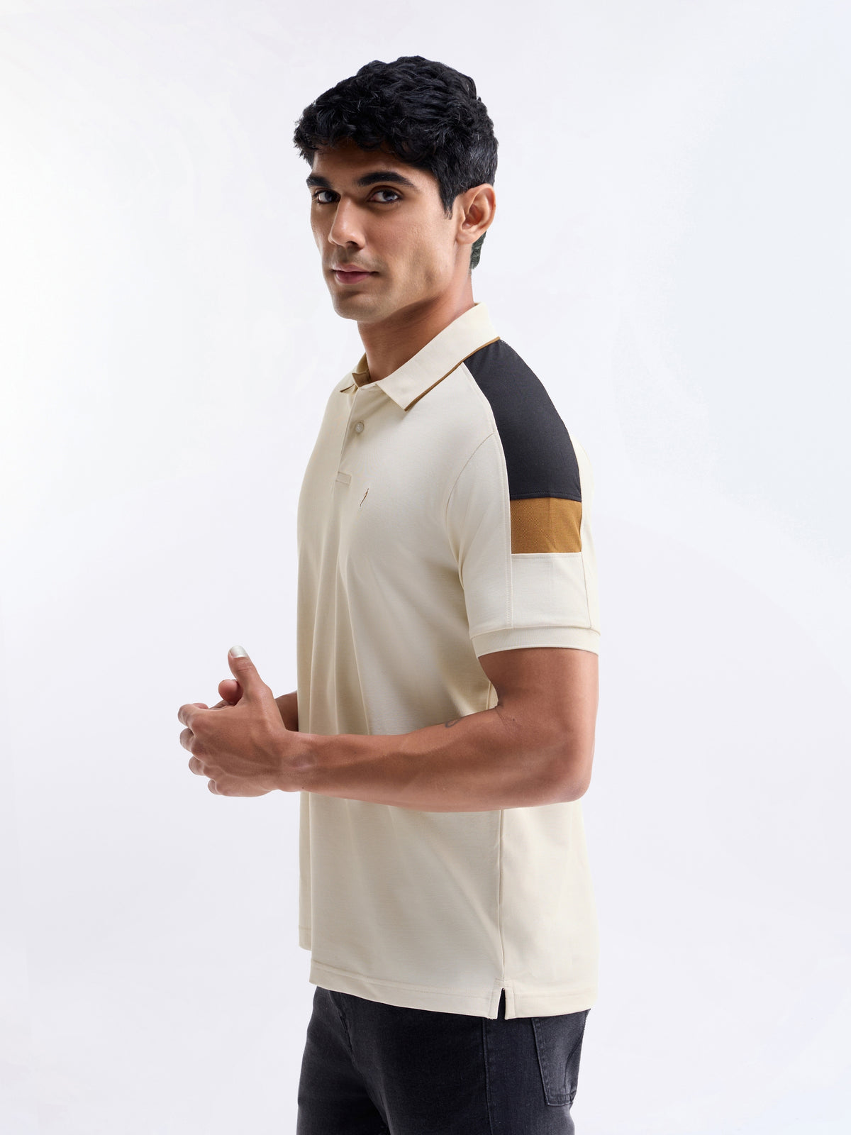 Colour Block Polo Regular Fit T-shirt - Lt Cream t4option_0