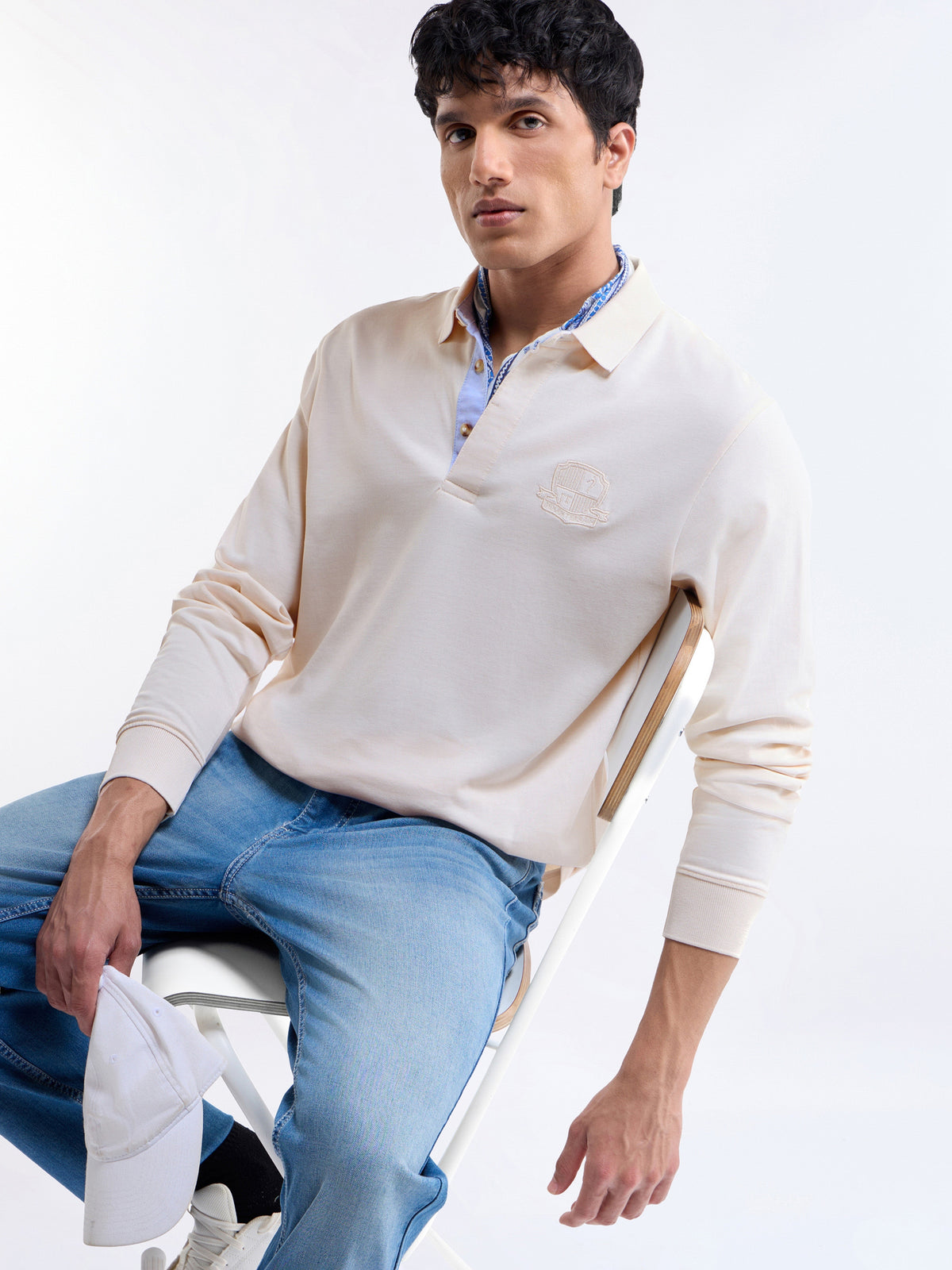 Solid Full Sleeve Regular Fit Polo T-Shirt - Lt Cream t4option_0