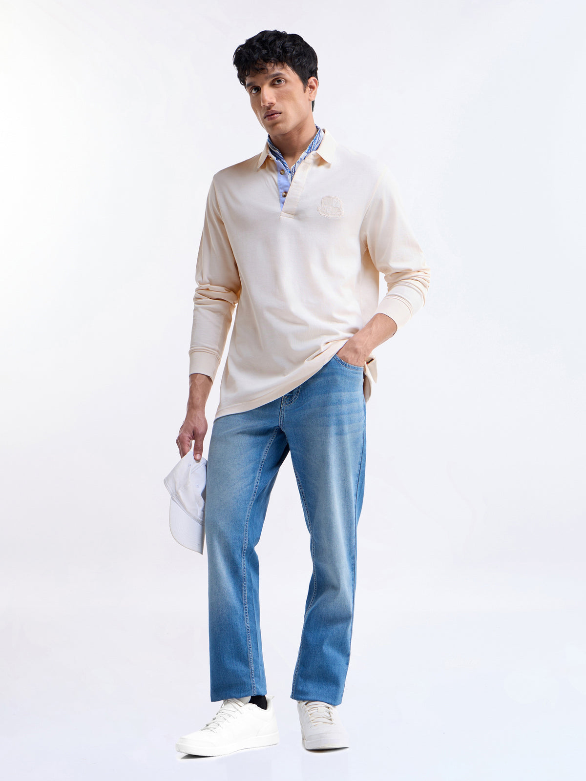 Solid Full Sleeve Regular Fit Polo T-Shirt - Lt Cream t4option_0