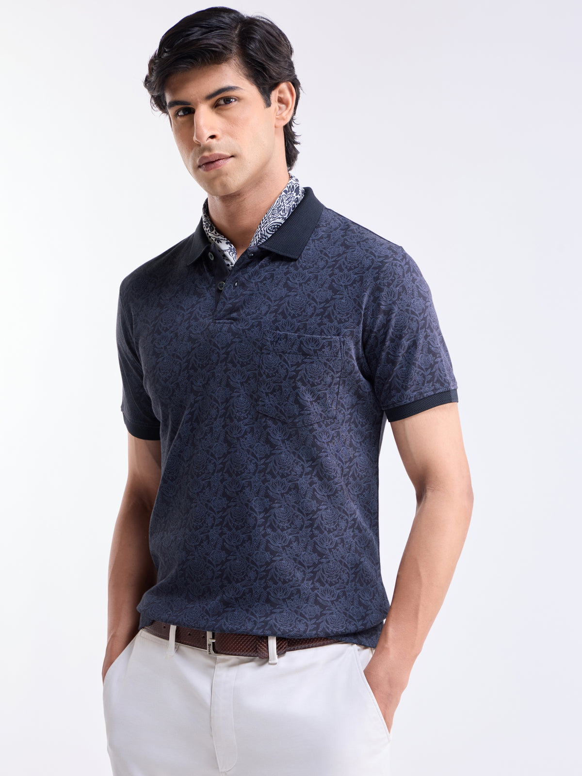 Printed Polo Regular Fit T-shirt - Navy t4option_0