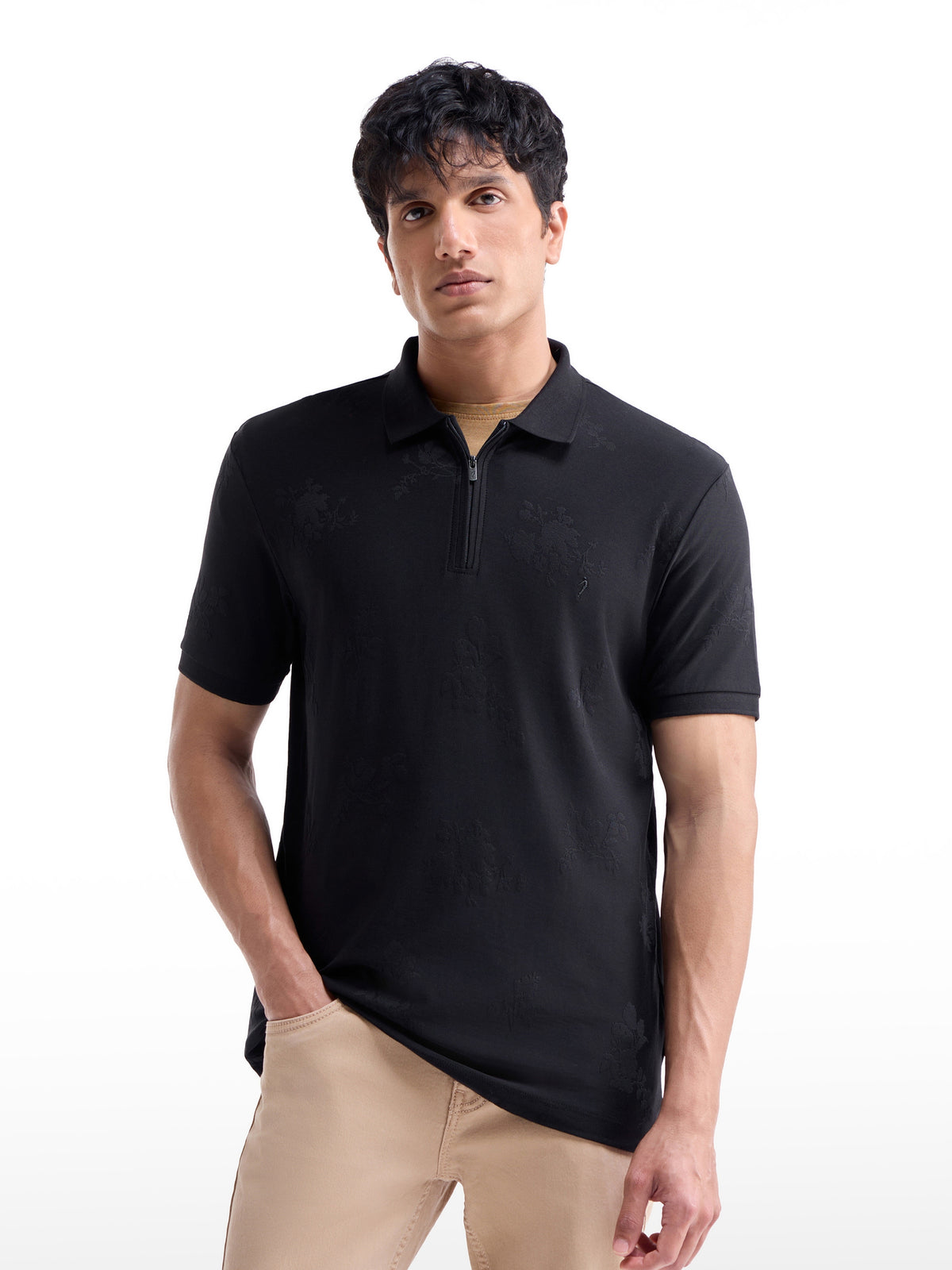 Jacquard Half Sleeve Regular Fit Polo T-Shirt - Black t4option_0