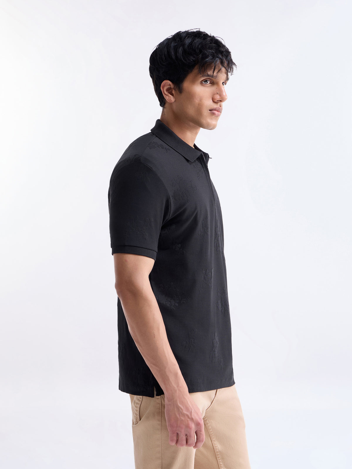 Jacquard Half Sleeve Regular Fit Polo T-Shirt - Black t4option_0