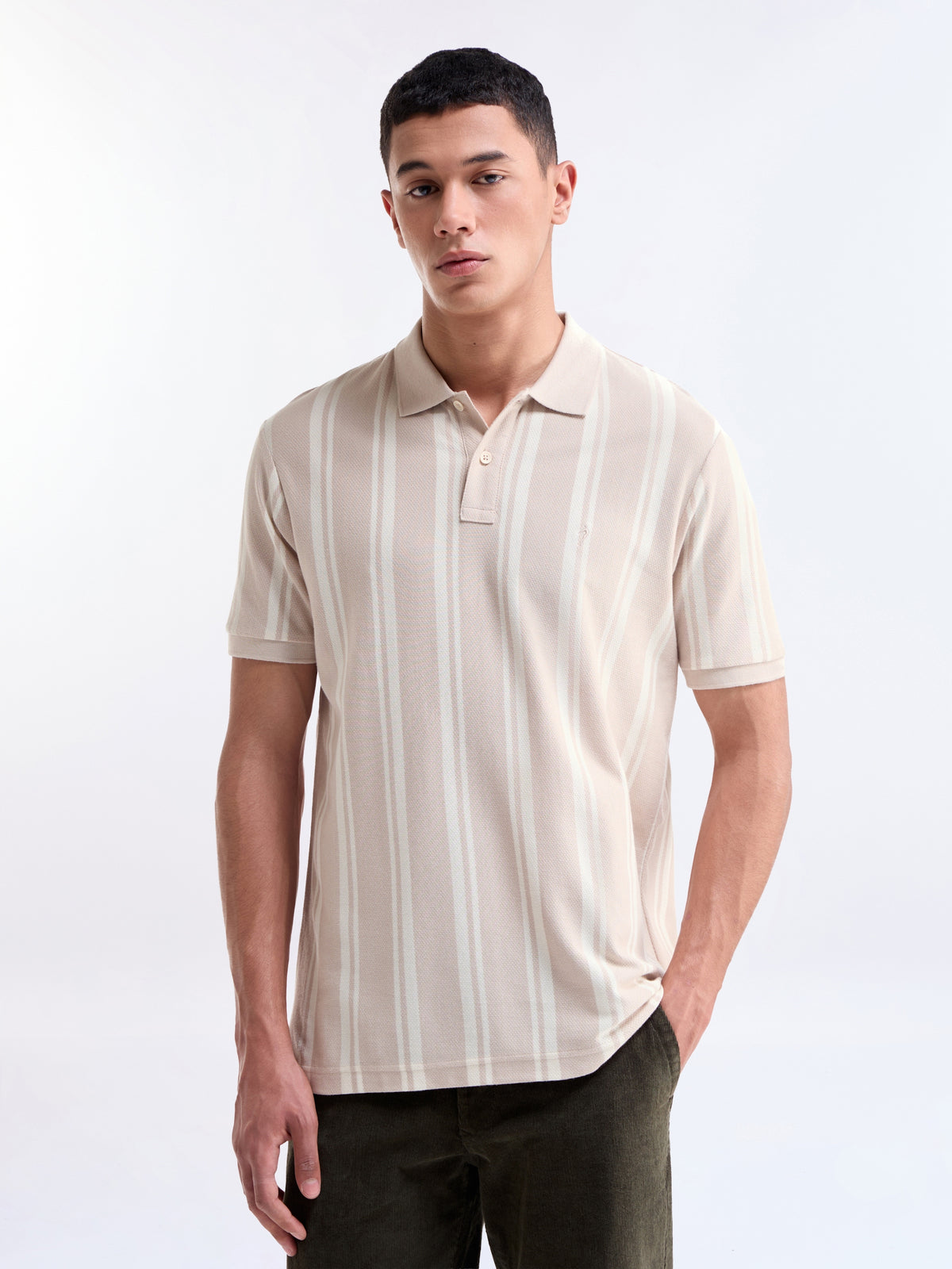 Striped Polo Regular Fit T-shirt - Beige t4option_0