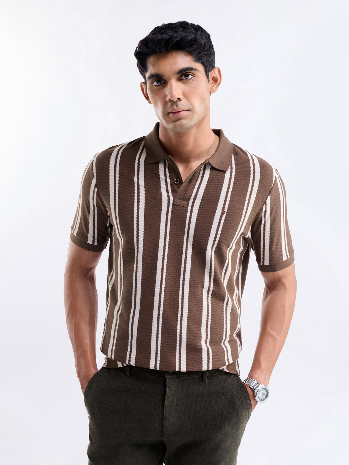 Striped Polo Regular Fit T-shirt - Coffee t4option_1