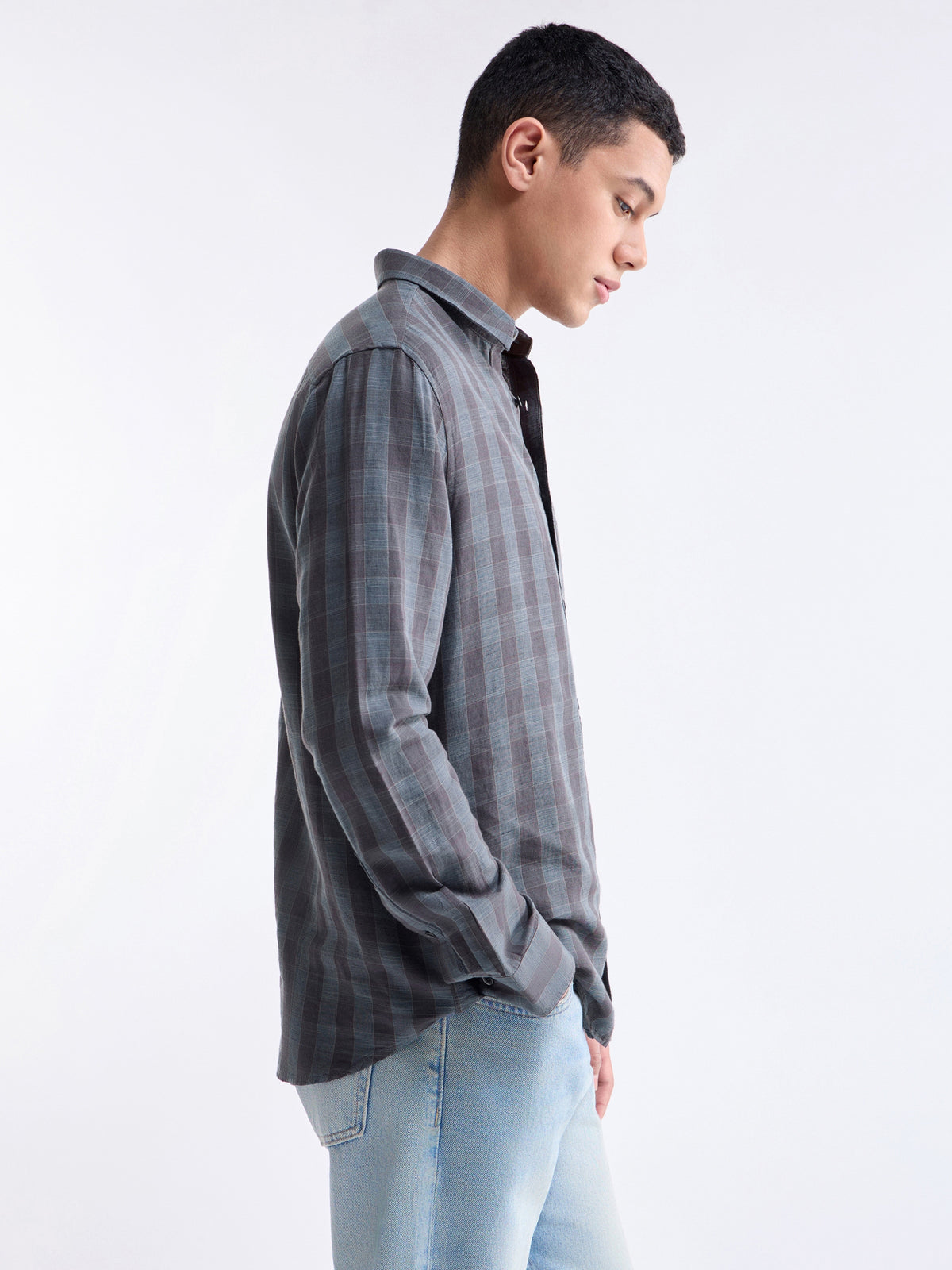 Check Full Sleeve Cotton Linen Shirt - Purple t4option_0