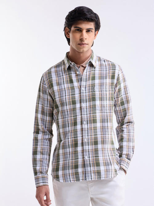 Check Full Sleeve Cotton Linen Shirt - Olive t4option_0