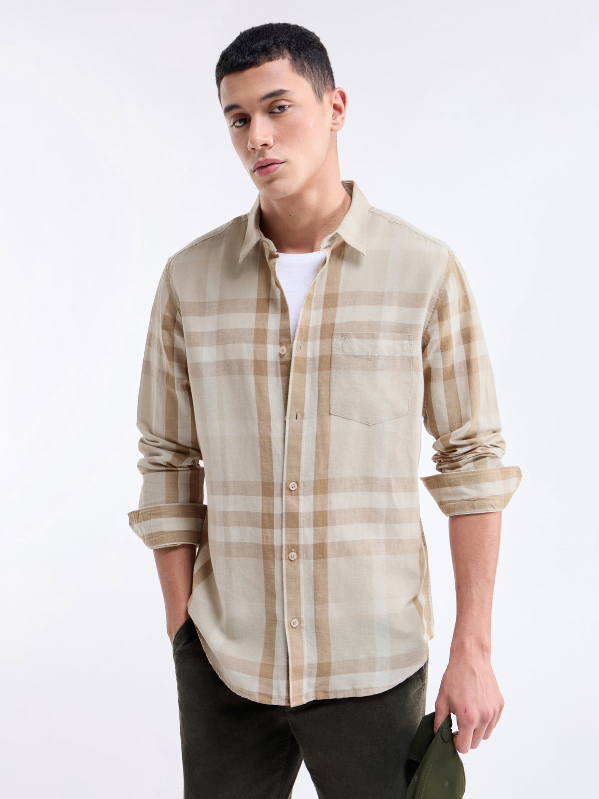 Check Full Sleeve Cotton Linen Shirt - Tan t4option_0