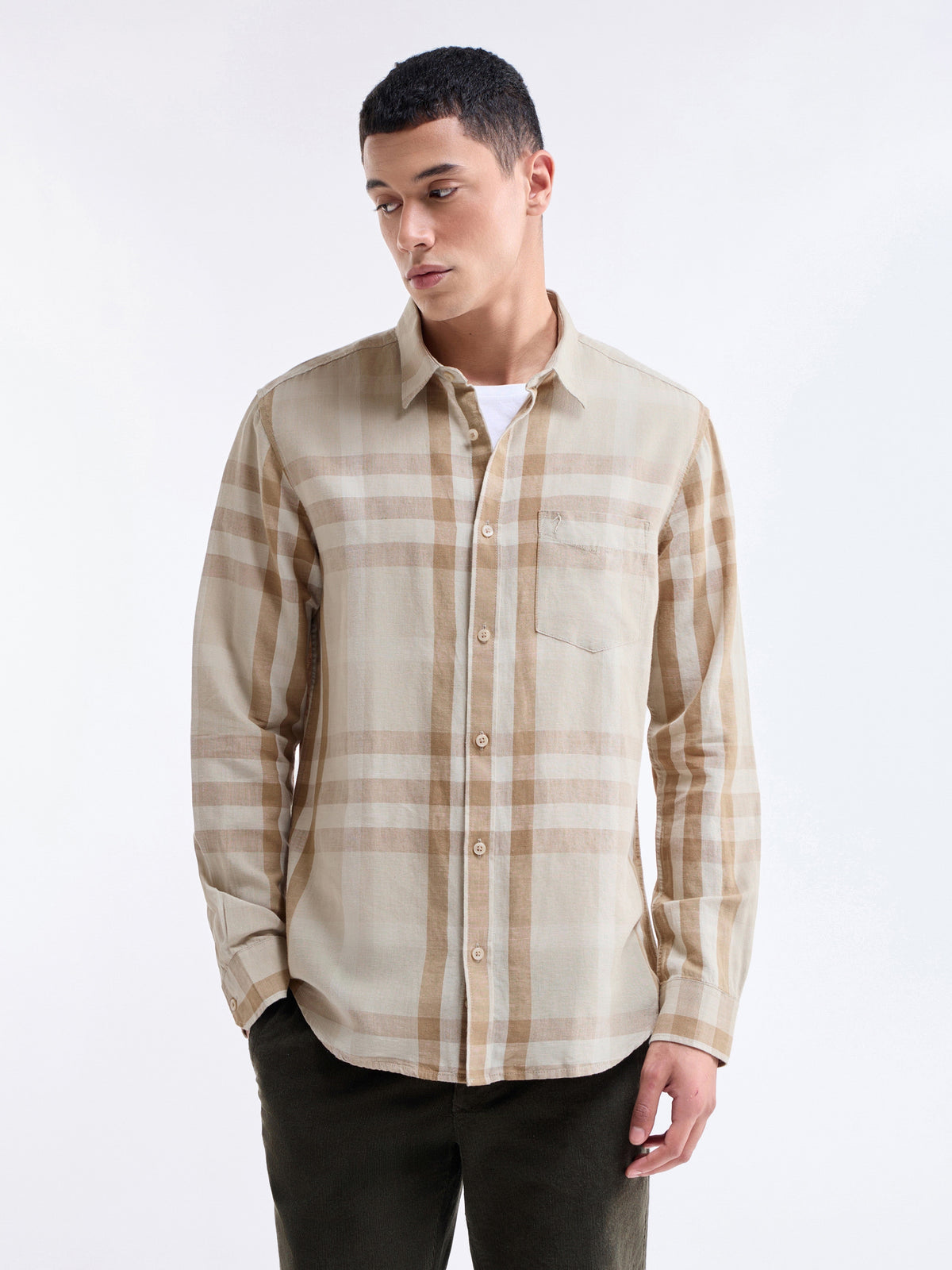 Check Full Sleeve Cotton Linen Shirt - Tan t4option_0