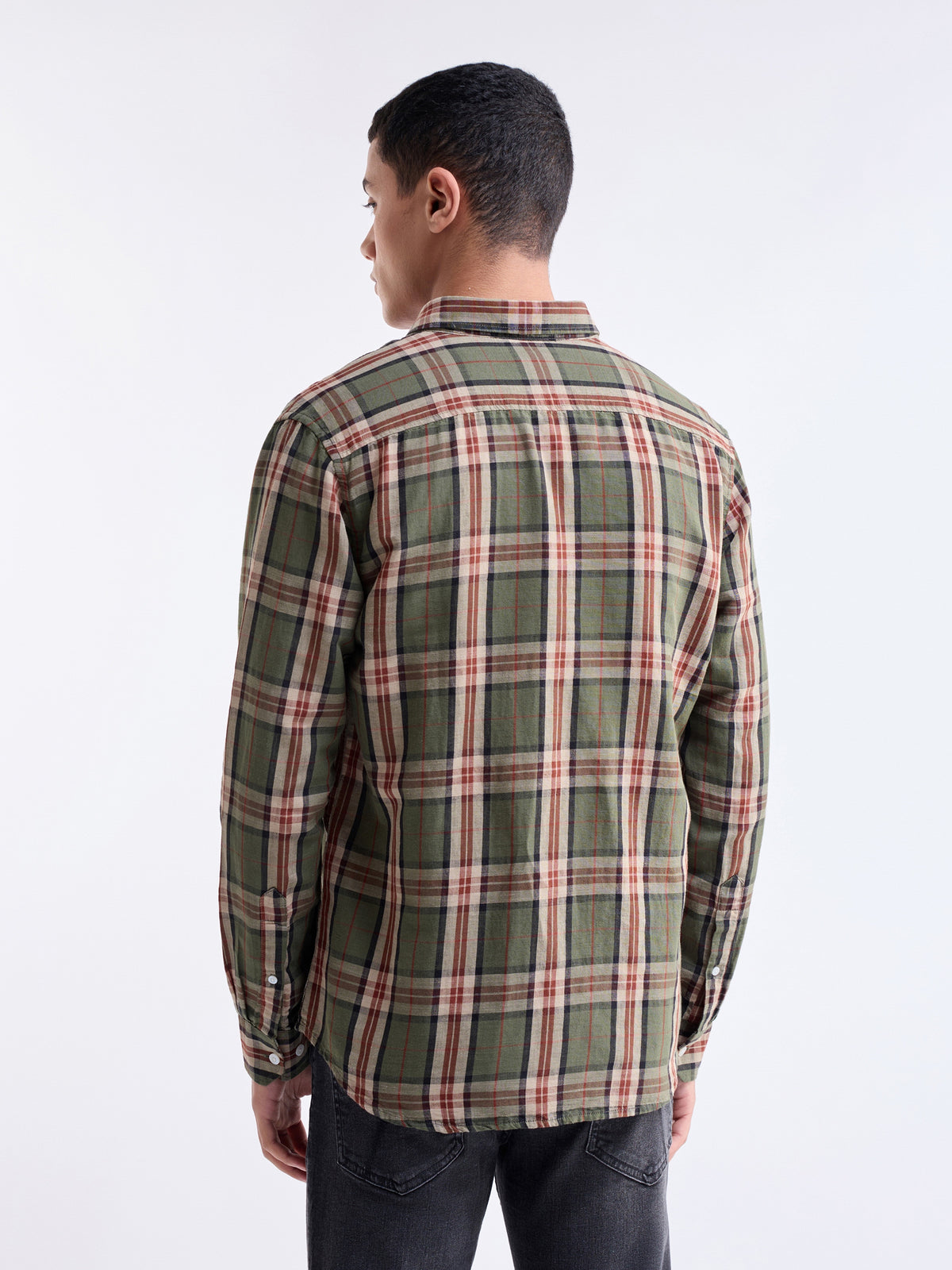 Check Full Sleeve Cotton Linen Shirt - Olive t4option_0