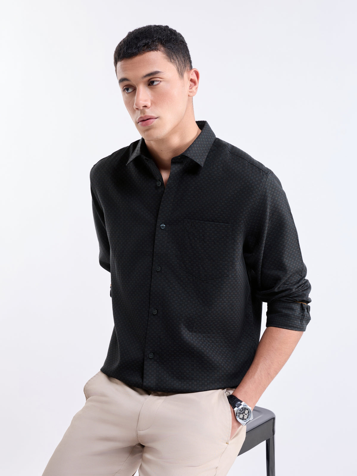 Black Jacquard Regular Fit Shirt - Black t4option_0
