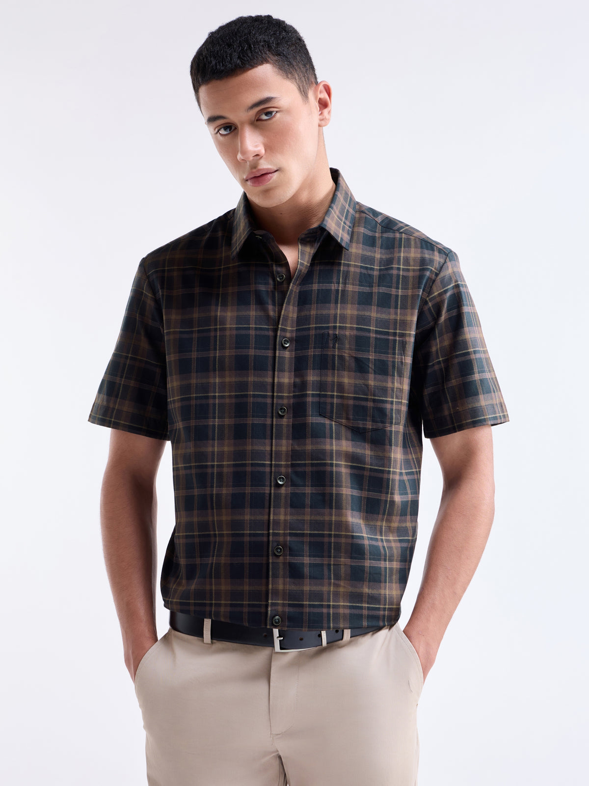 Dark Brown check Regular Fit Shirt - Dark Brown t4option_0