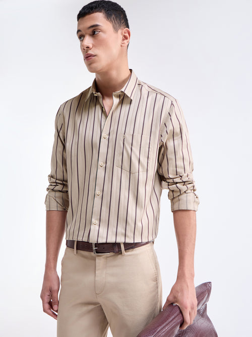 Beige Striped Regular Fit Shirt - Beige t4option_0