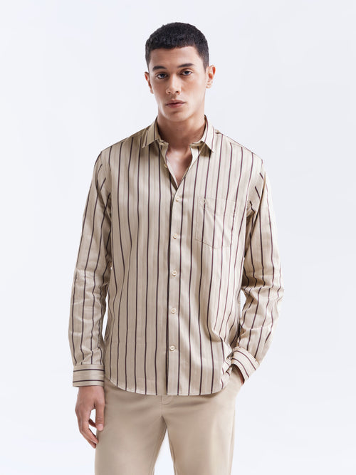 Beige Striped Regular Fit Shirt - Beige t4option_0