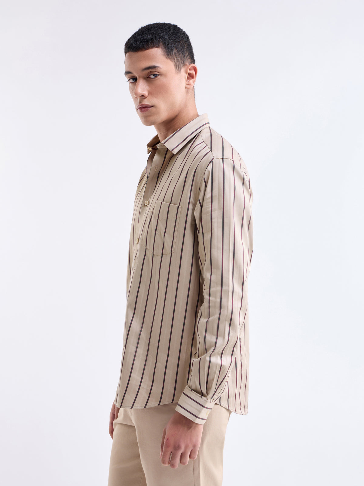 Beige Striped Regular Fit Shirt - Beige t4option_0
