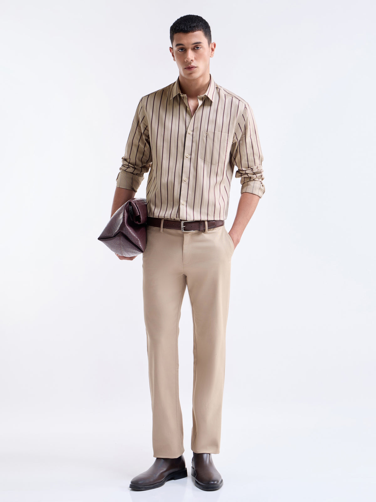 Beige Striped Regular Fit Shirt - Beige t4option_0