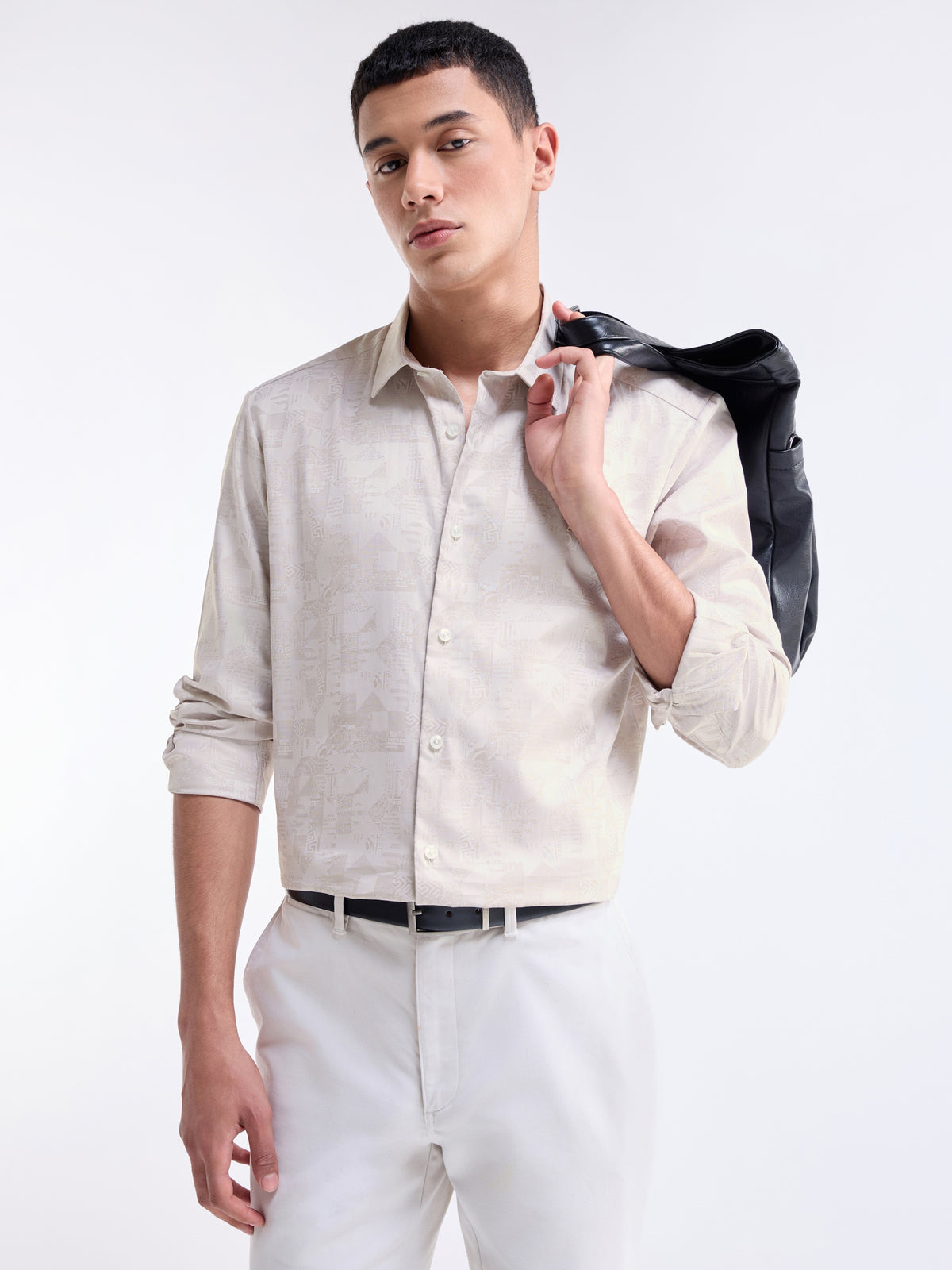 Ecru Jacquard Regular Fit Shirt - Ecru t4option_0