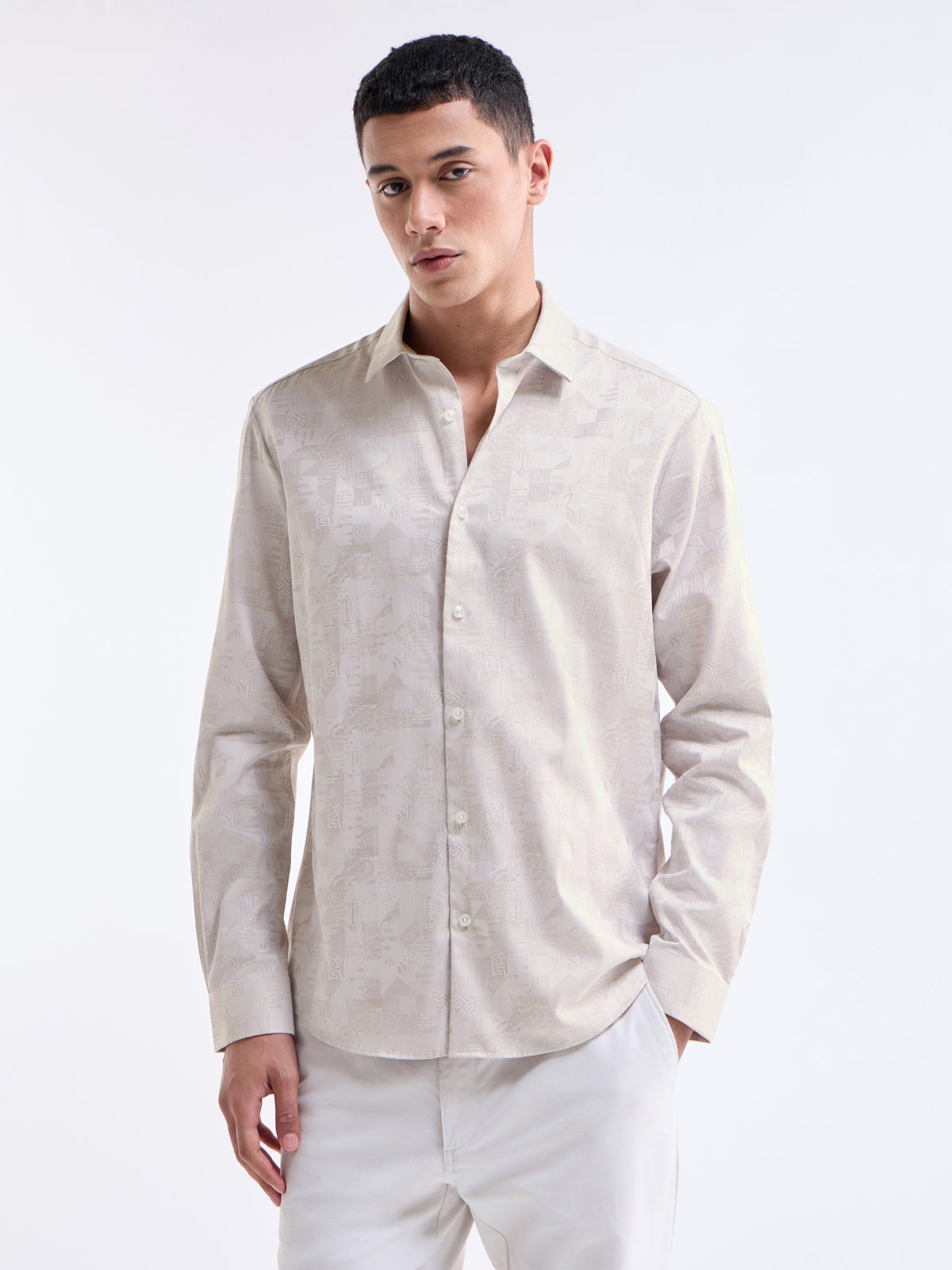 Ecru Jacquard Regular Fit Shirt - Ecru t4option_0