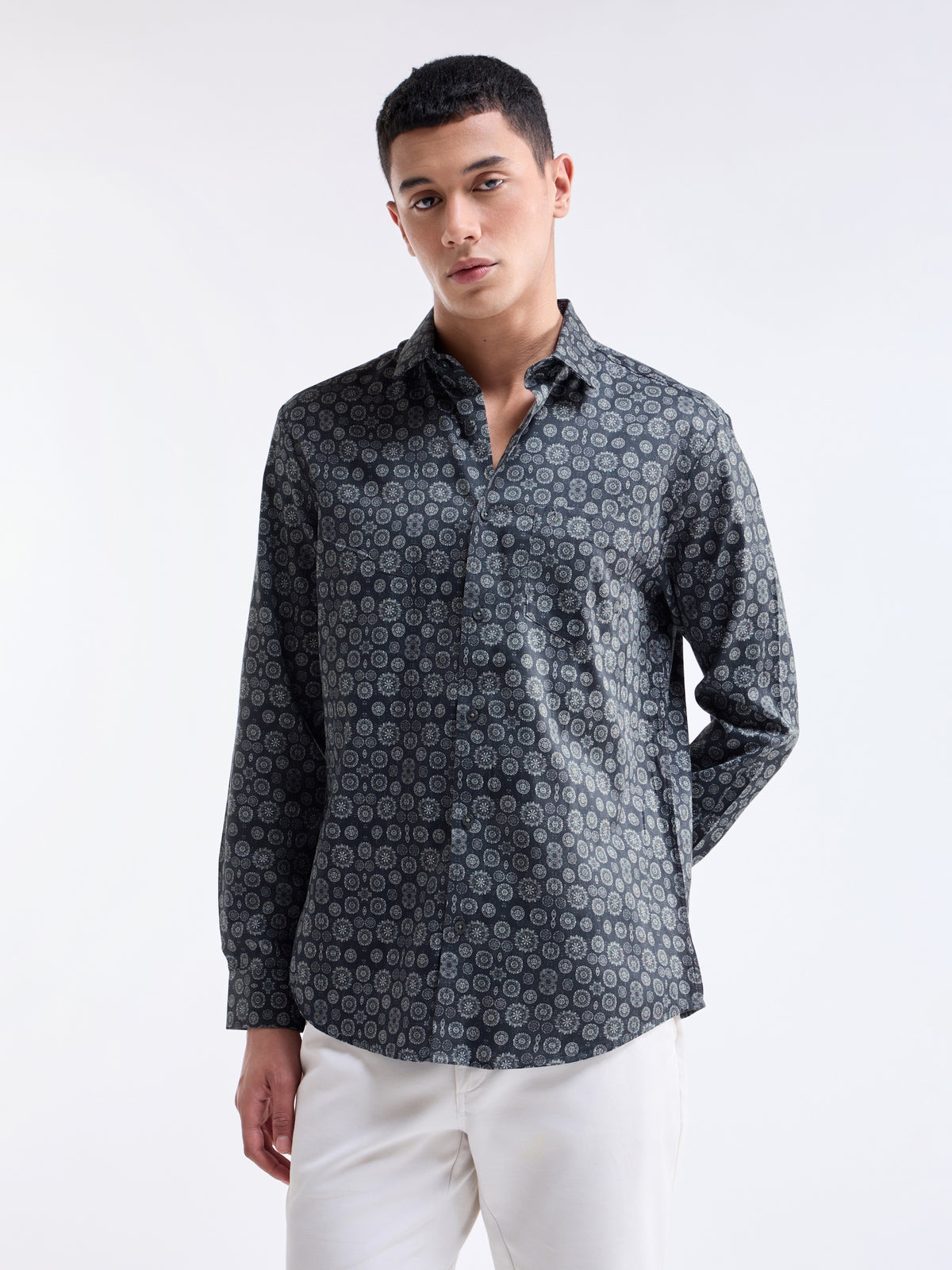 Printed Regular Fit Shirt - Grey t4option_0