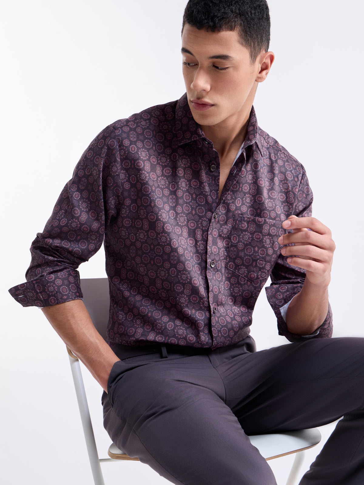 Printed Regular Fit Shirt - Wine t4option_1