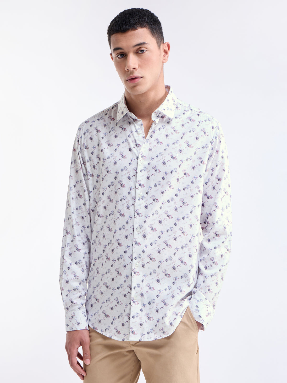 White Printed Regular Fit Shirt - White t4option_0