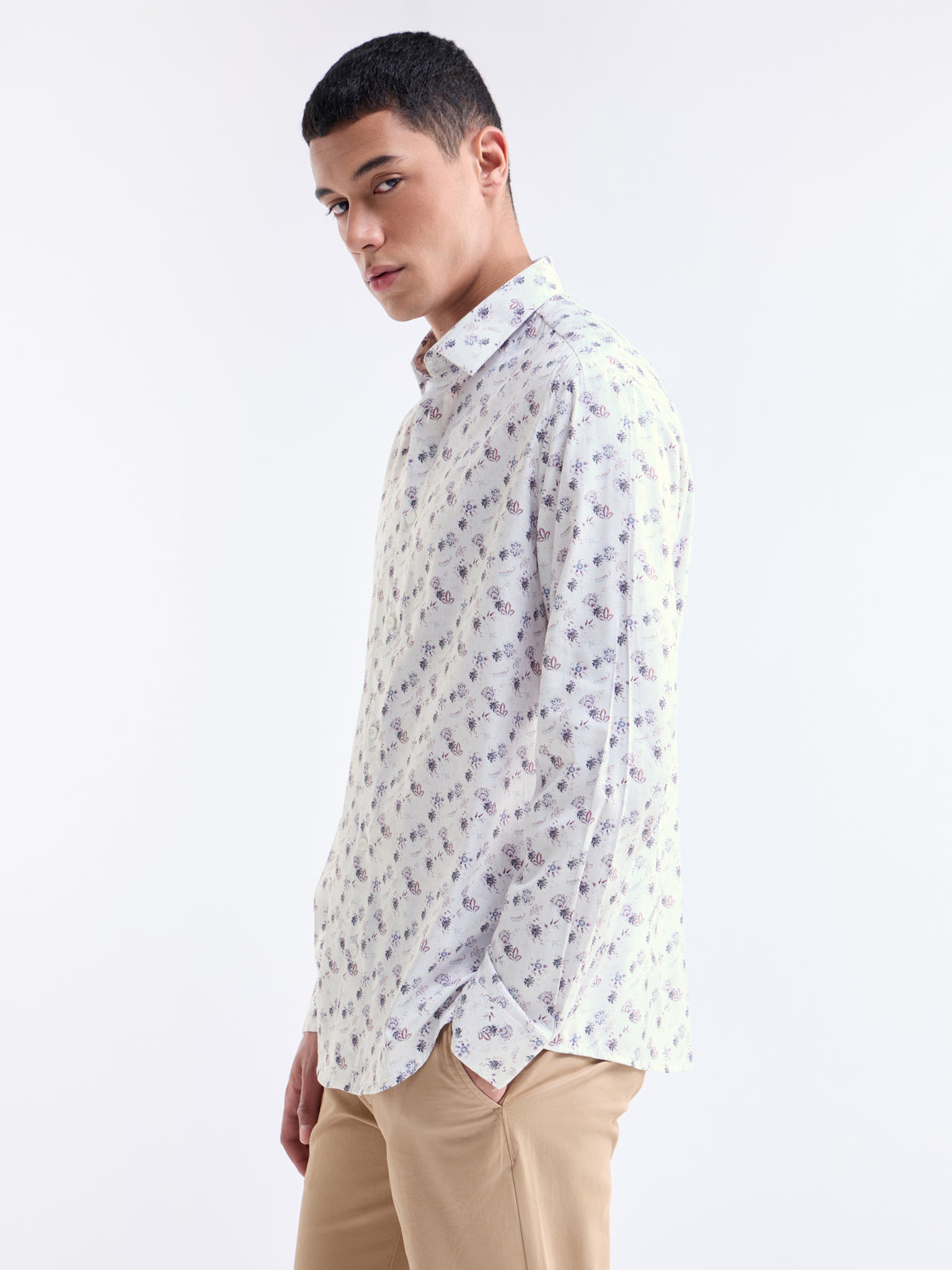 White Printed Regular Fit Shirt - White t4option_0