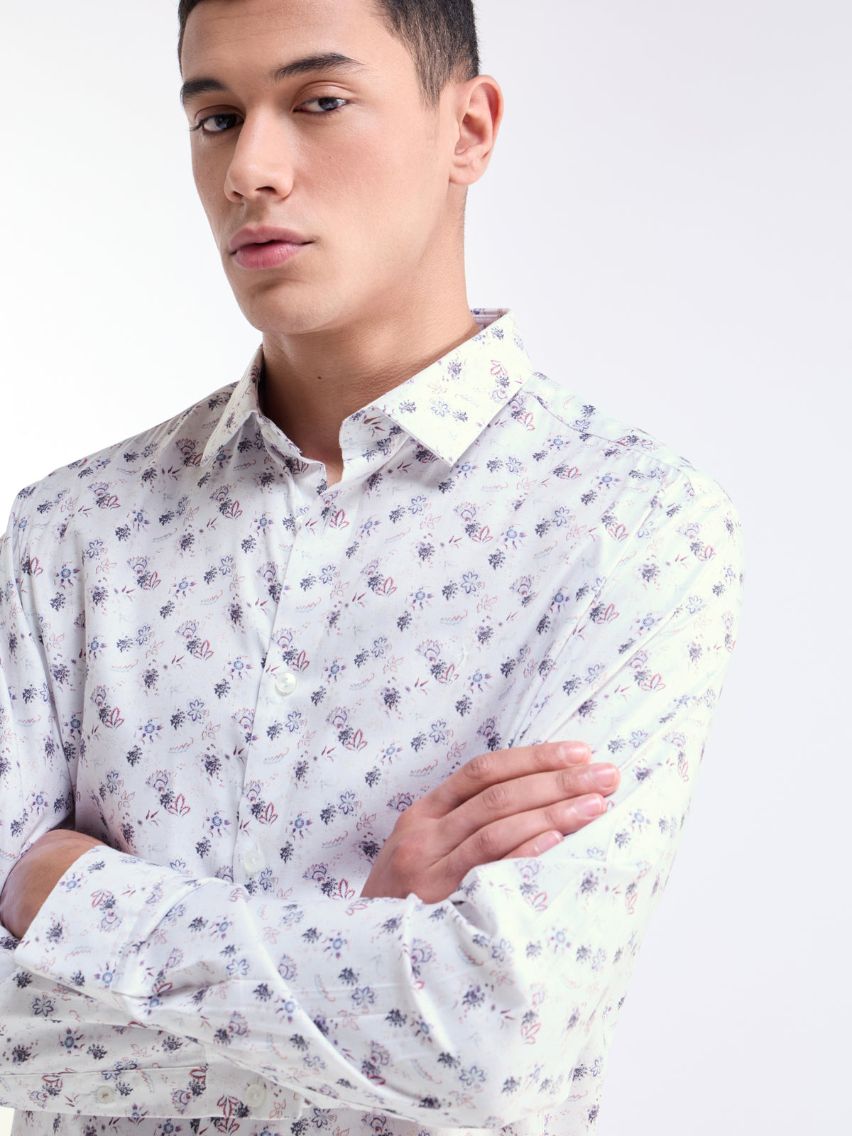 White Printed Regular Fit Shirt - White t4option_0