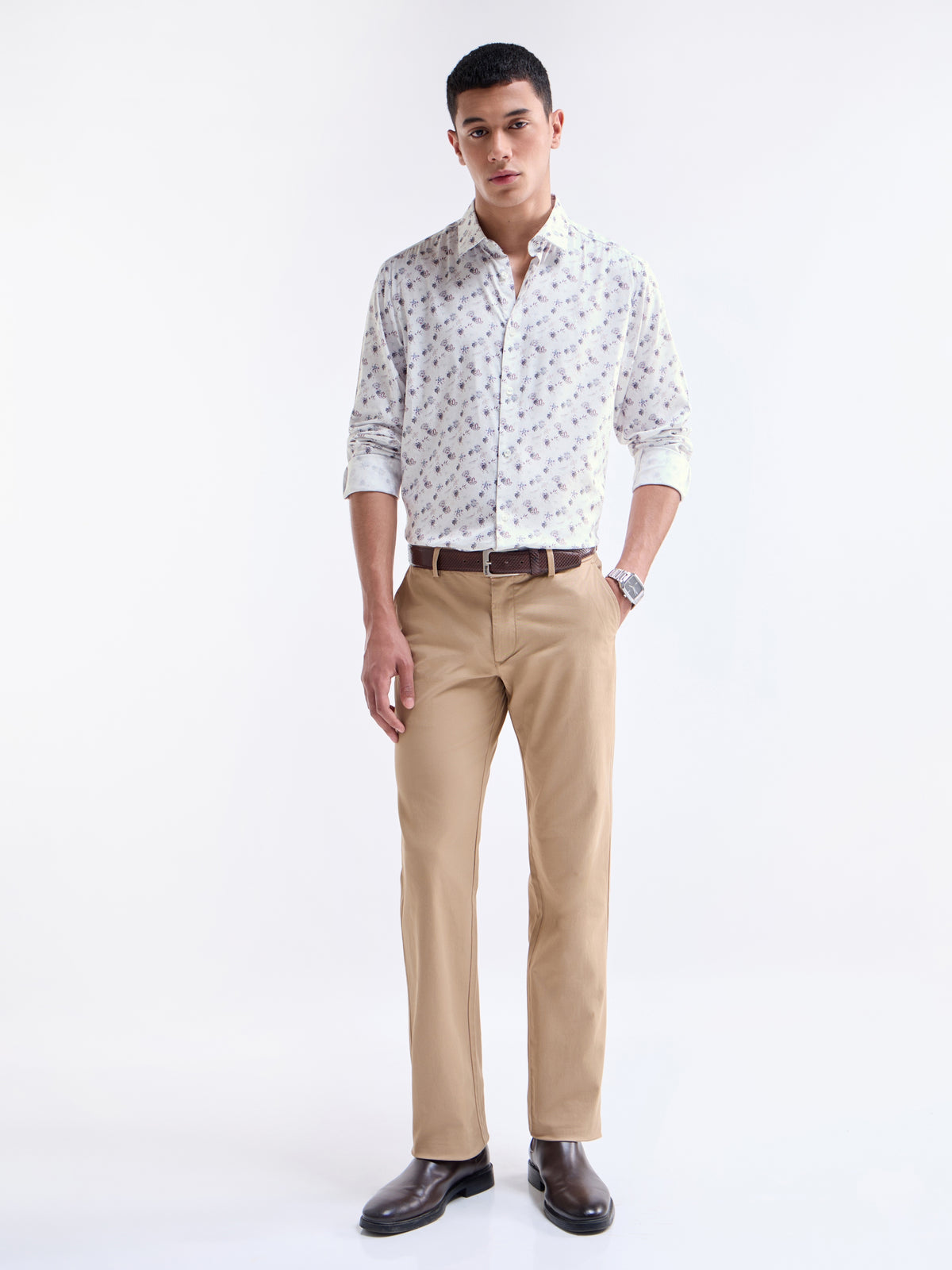 White Printed Regular Fit Shirt - White t4option_0