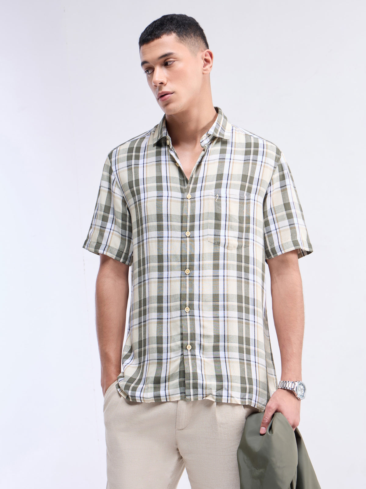 Check Half Sleeve Viscose Linen Shirt - Sap t4option_0