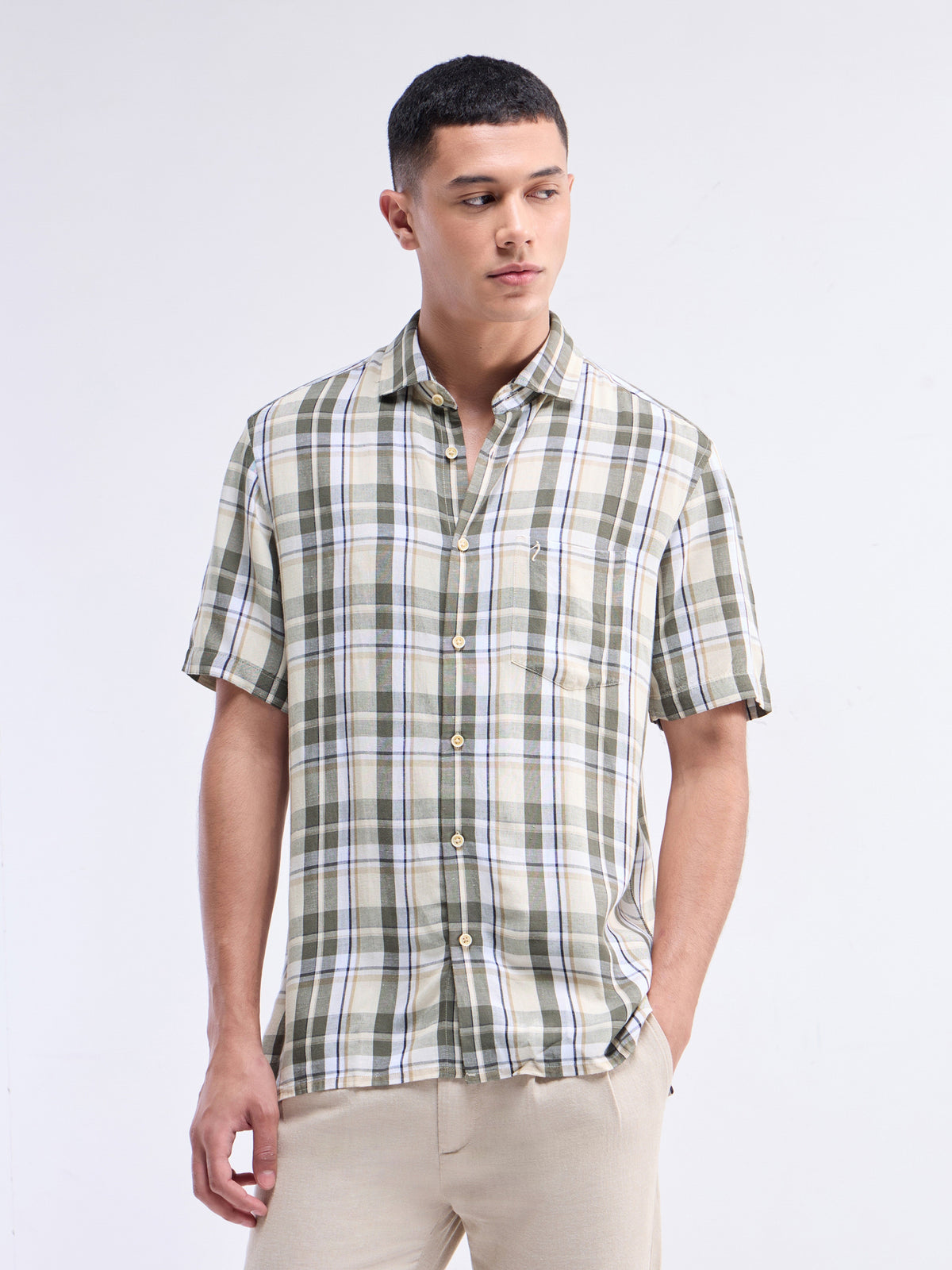 Check Half Sleeve Viscose Linen Shirt - Sap t4option_0