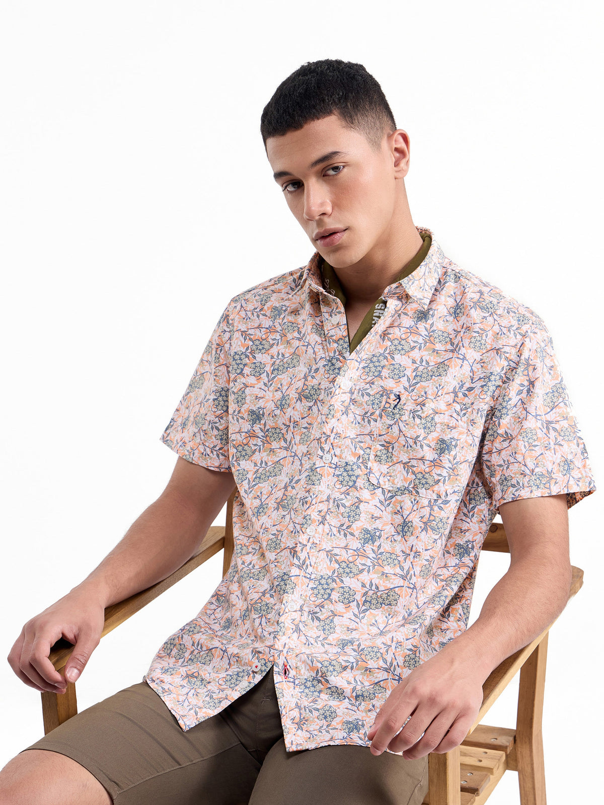 Printed Half Sleeve Cotton Shirt - Peach t4option_1